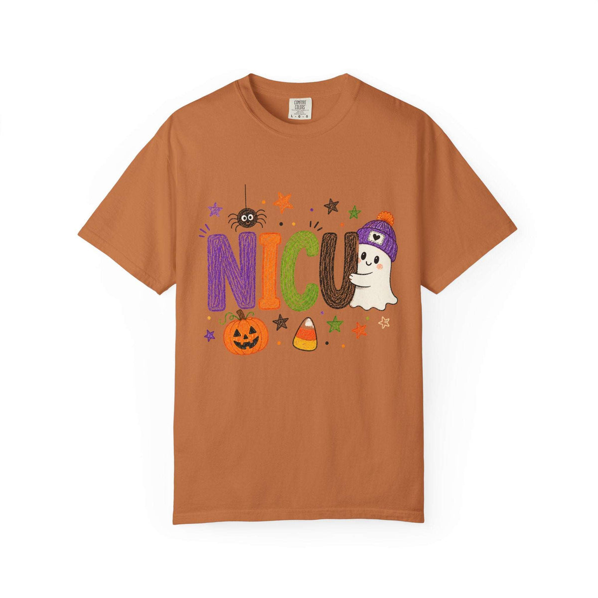 Yam orange NICU nurse Halloween T-shirt with colorful crayon-style lettering, a smiling ghost in a purple beanie, pumpkin, and candy corn.
