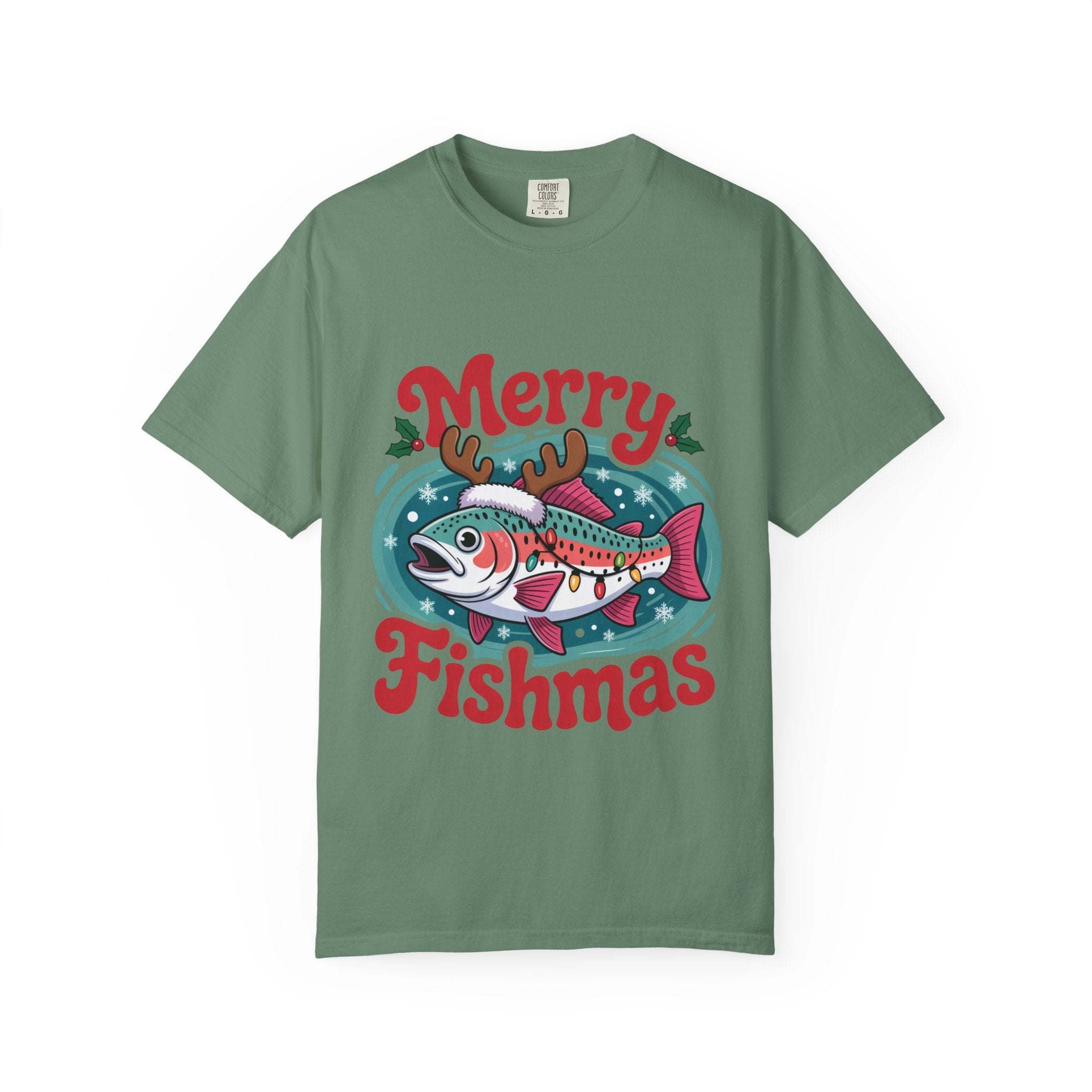 True Navy garment-dyed t-shirt featuring Merry Fishmas design for fishermen, by Printify