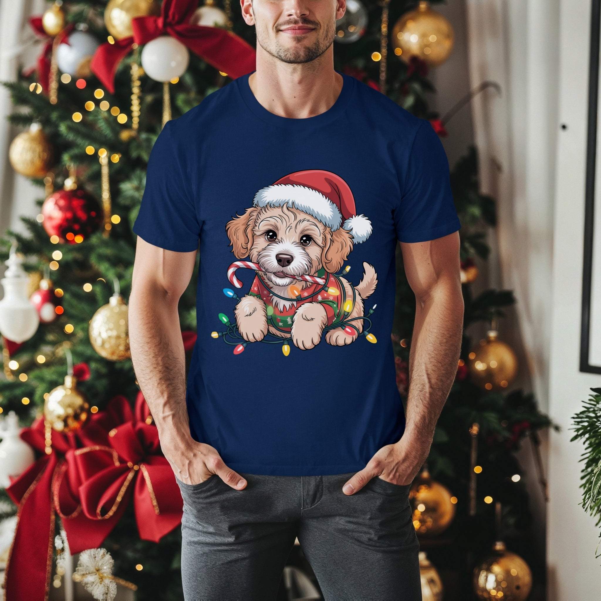 Man wearing navy Labradoodle Christmas T-shirt with festive dog and holiday lights design in front of decorated Christmas tree