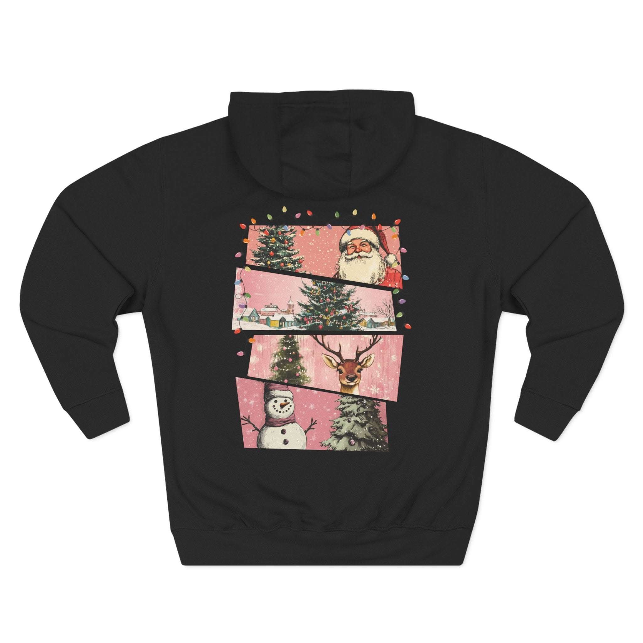 Black fleece hoodie with pink Christmas watercolor swatches featuring Santa, trees, reindeer, and snowman design
