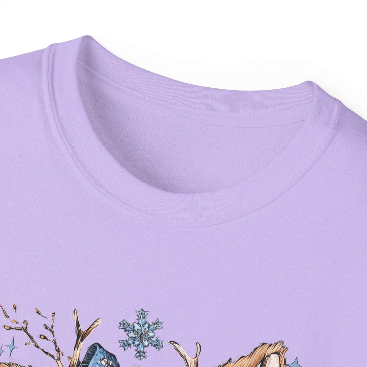 White t-shirt with retro patchwork reindeer design wearing blue scarf and surrounded by snowflakes
