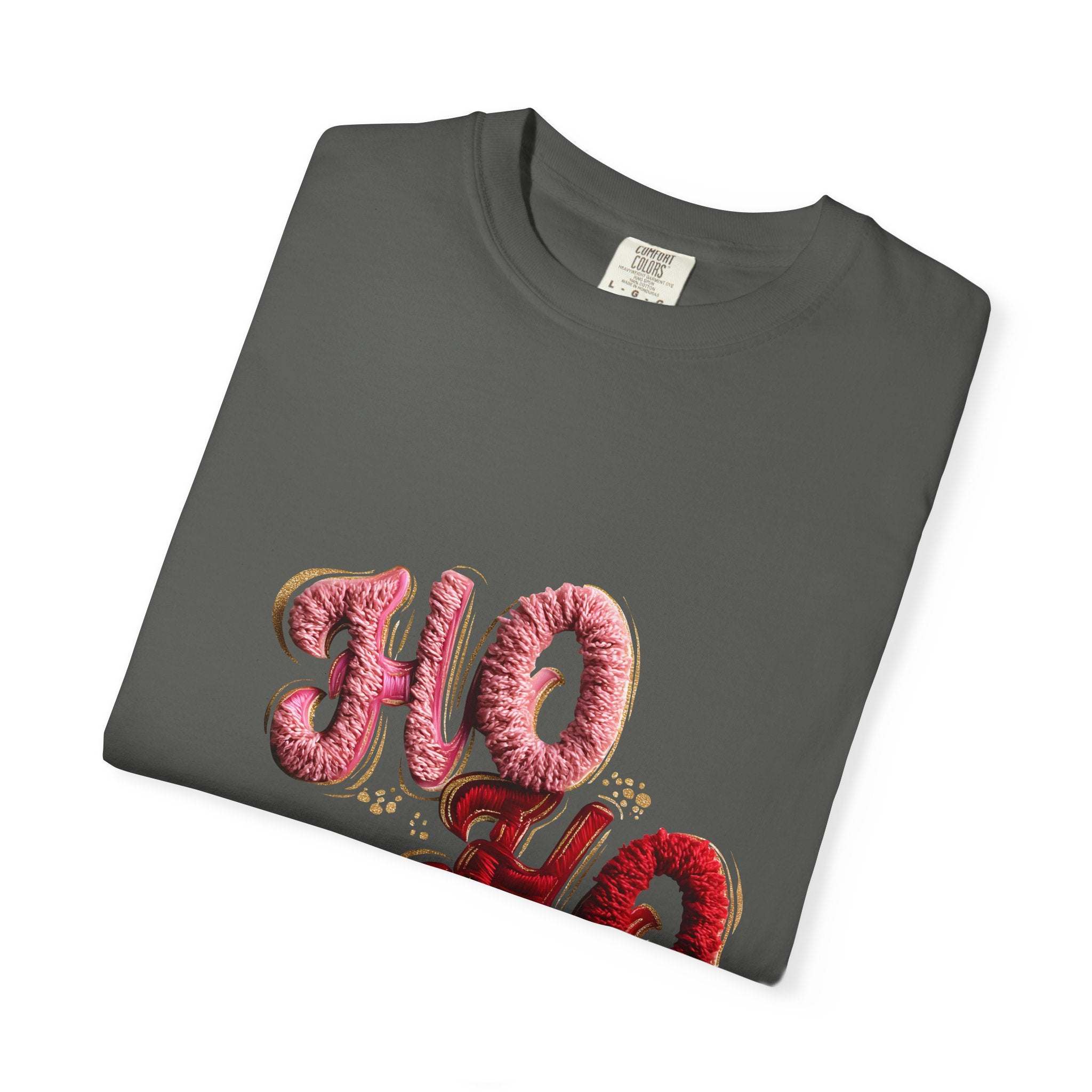 White Christmas graphic tee featuring faux puffy crochet 'Ho, Ho, Ho' design by Printify