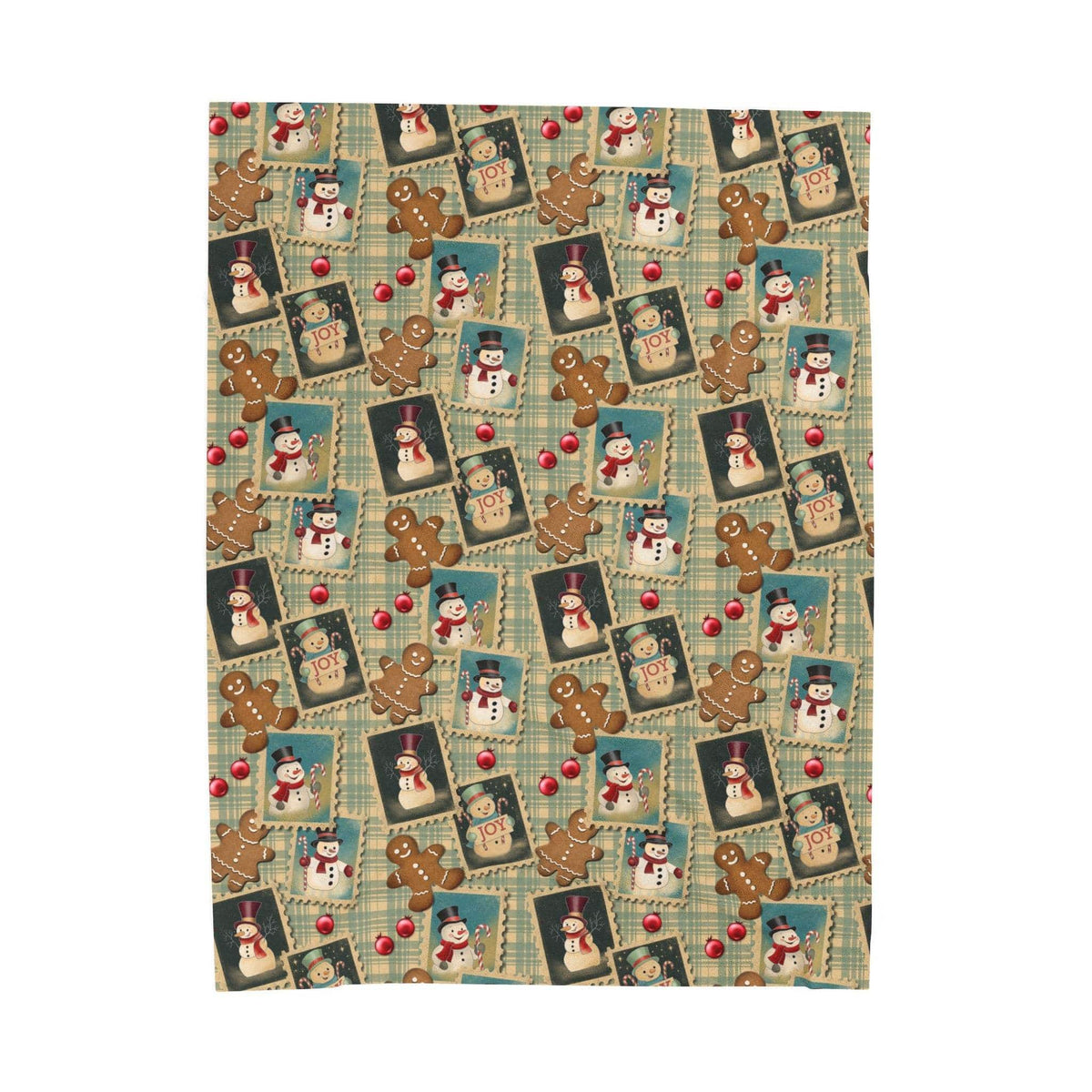 Plush blanket with retro Christmas watercolor design featuring gingerbread men, snowmen, and holiday postcards