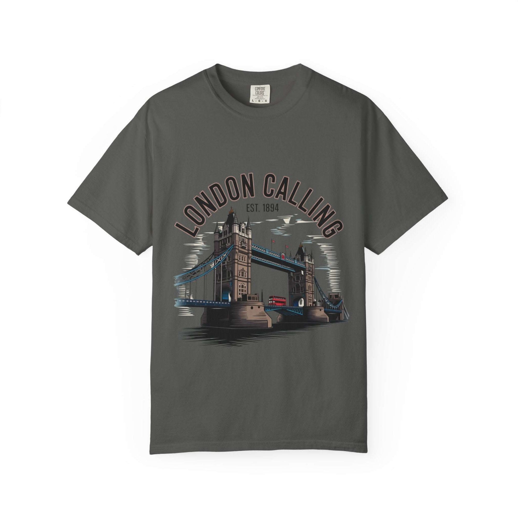 Unisex black garment-dyed t-shirt with 'London Calling' design by Printify