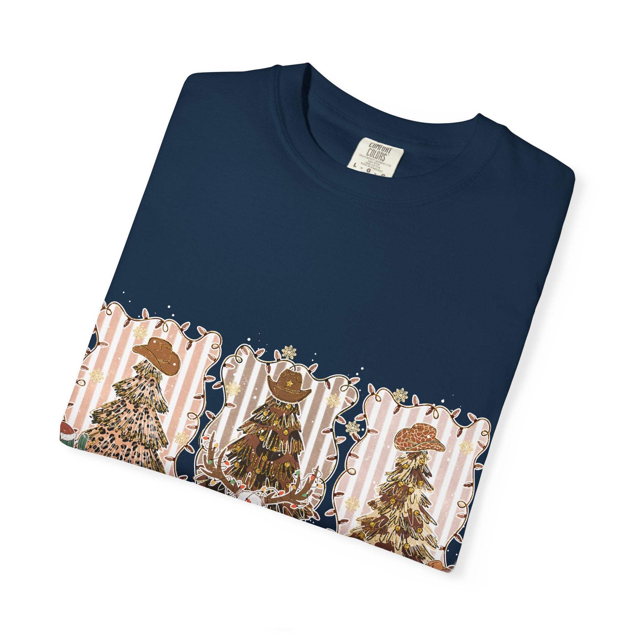 Cowboy Howdy Christmas navy t-shirt with festive cowboy hat tree designs