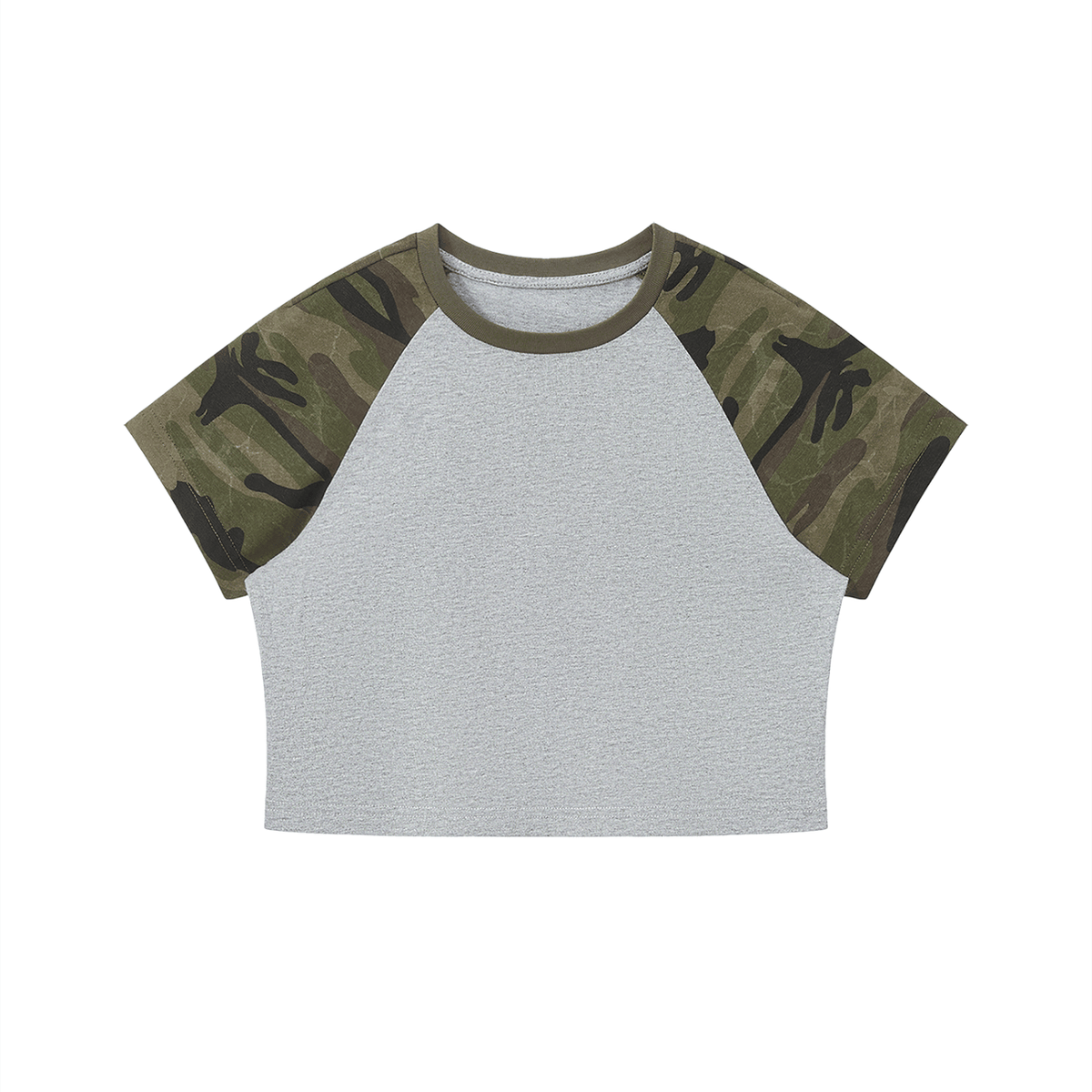 Women's camo raglan crop t-shirt with cotton body and camouflage sleeves, casual streetwear style