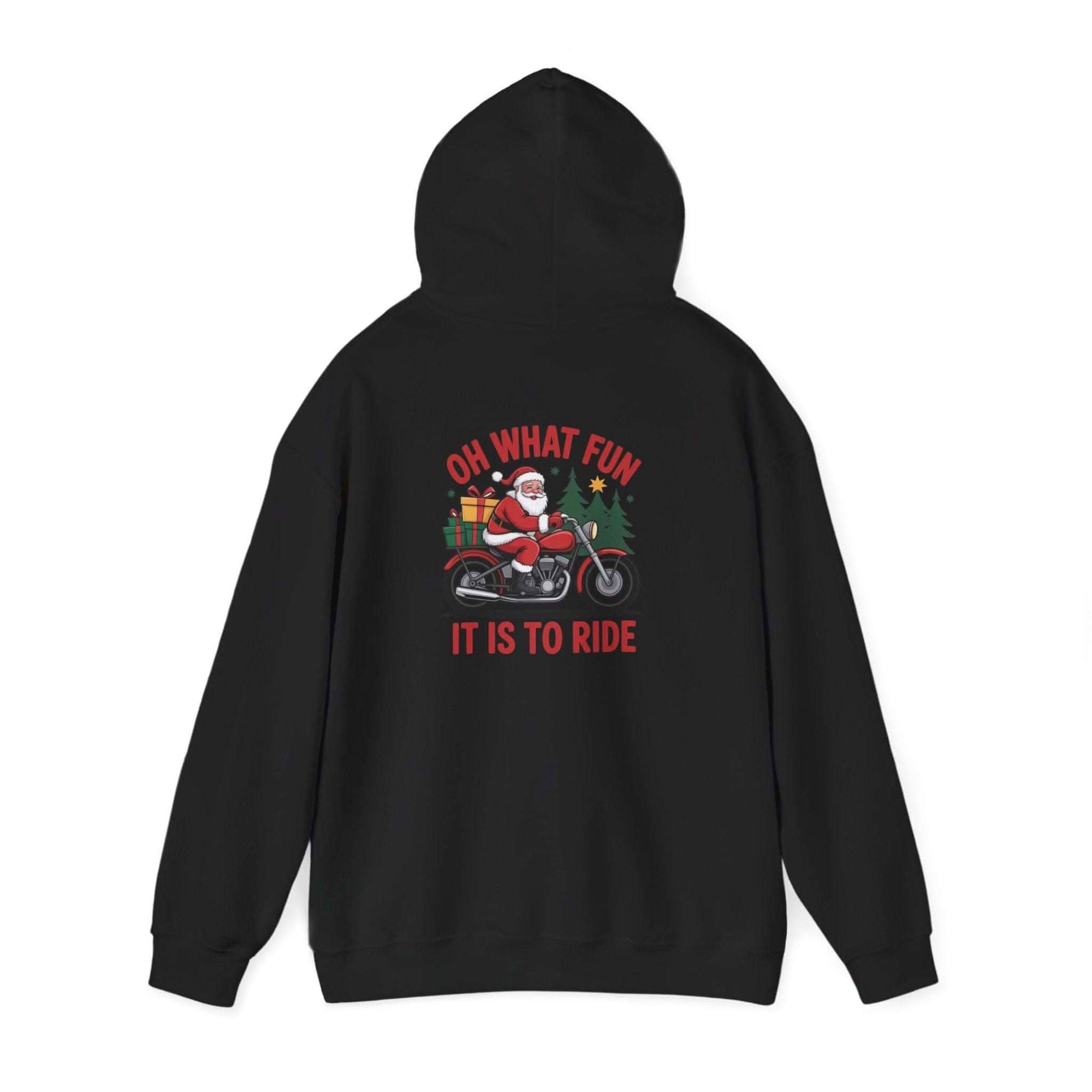 Santa motorcycle hoodie in black, featuring festive graphics, perfect for holiday celebrations and motorcycle enthusiasts.