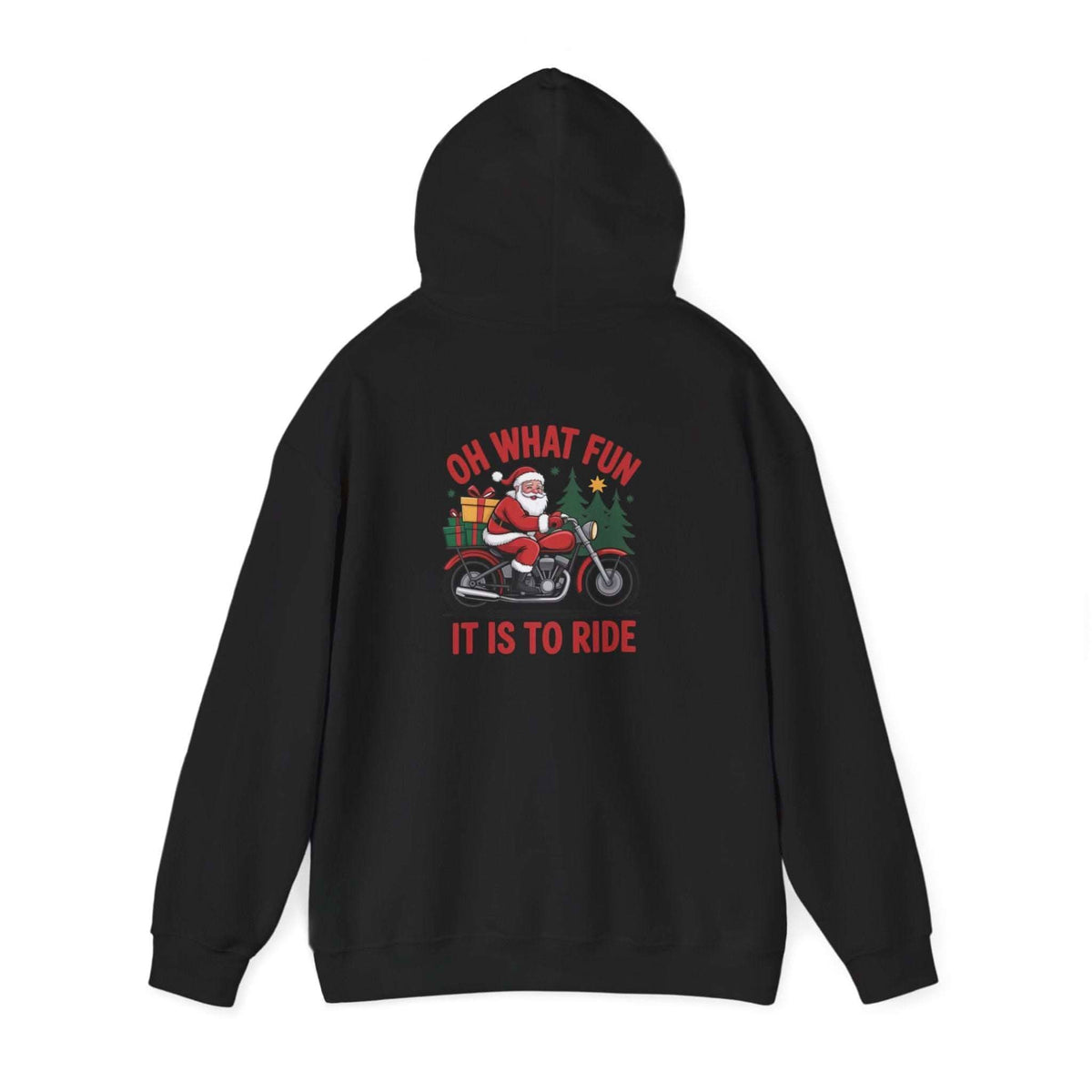 Santa motorcycle hoodie in black, featuring festive graphics, perfect for holiday celebrations and motorcycle enthusiasts.
