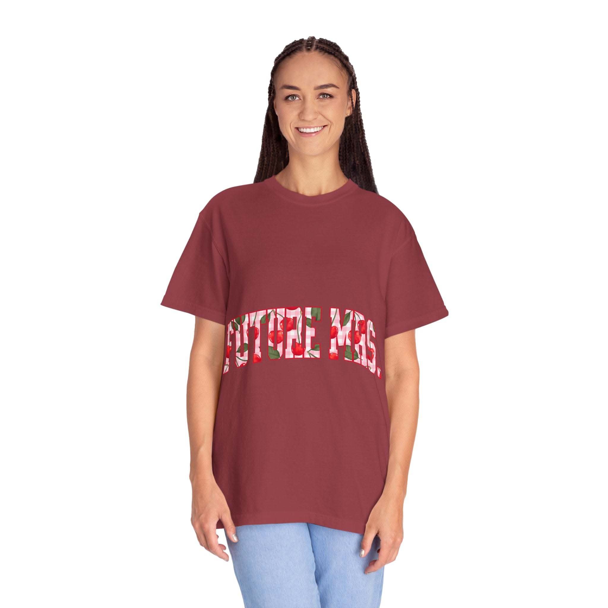 Future Mrs Cherry T-Shirt in muted colors for brides-to-be, soft and comfortable bridal tee