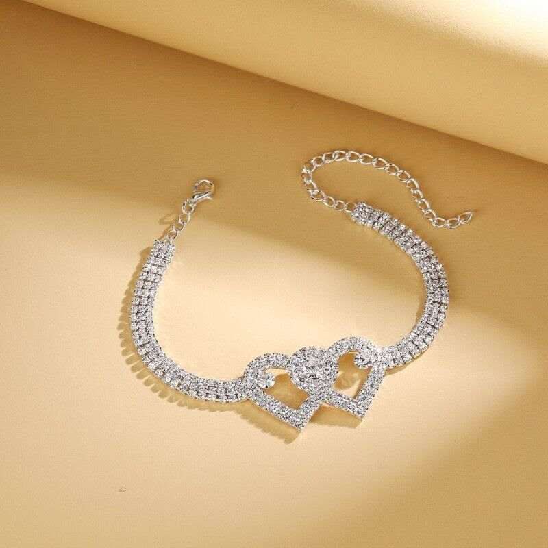Double Heart Crystal Anklet with intertwined hearts and shimmering crystals for summer and festive wear