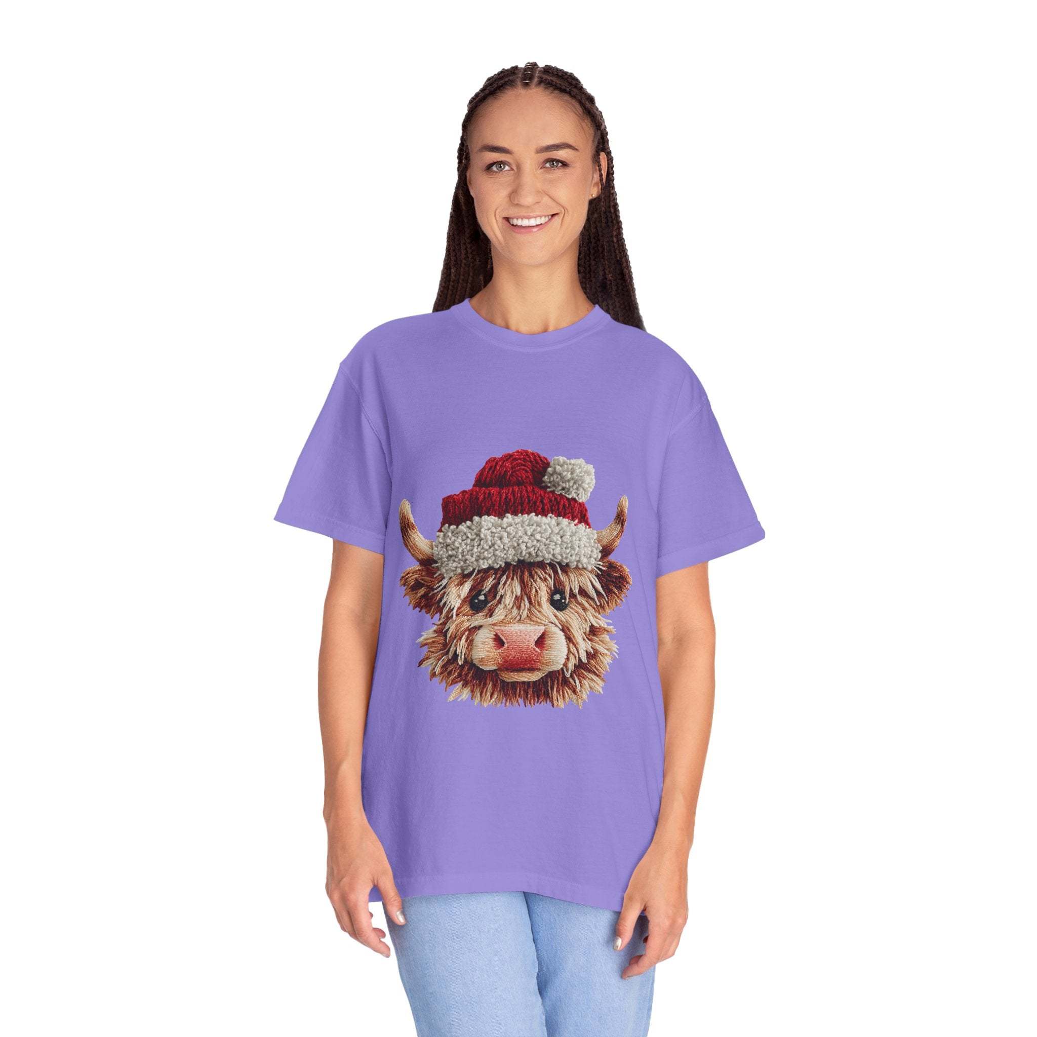 Black t-shirt featuring faux crochet yarn Highland cow Santa print by Printify, perfect for cozy Christmas wear.