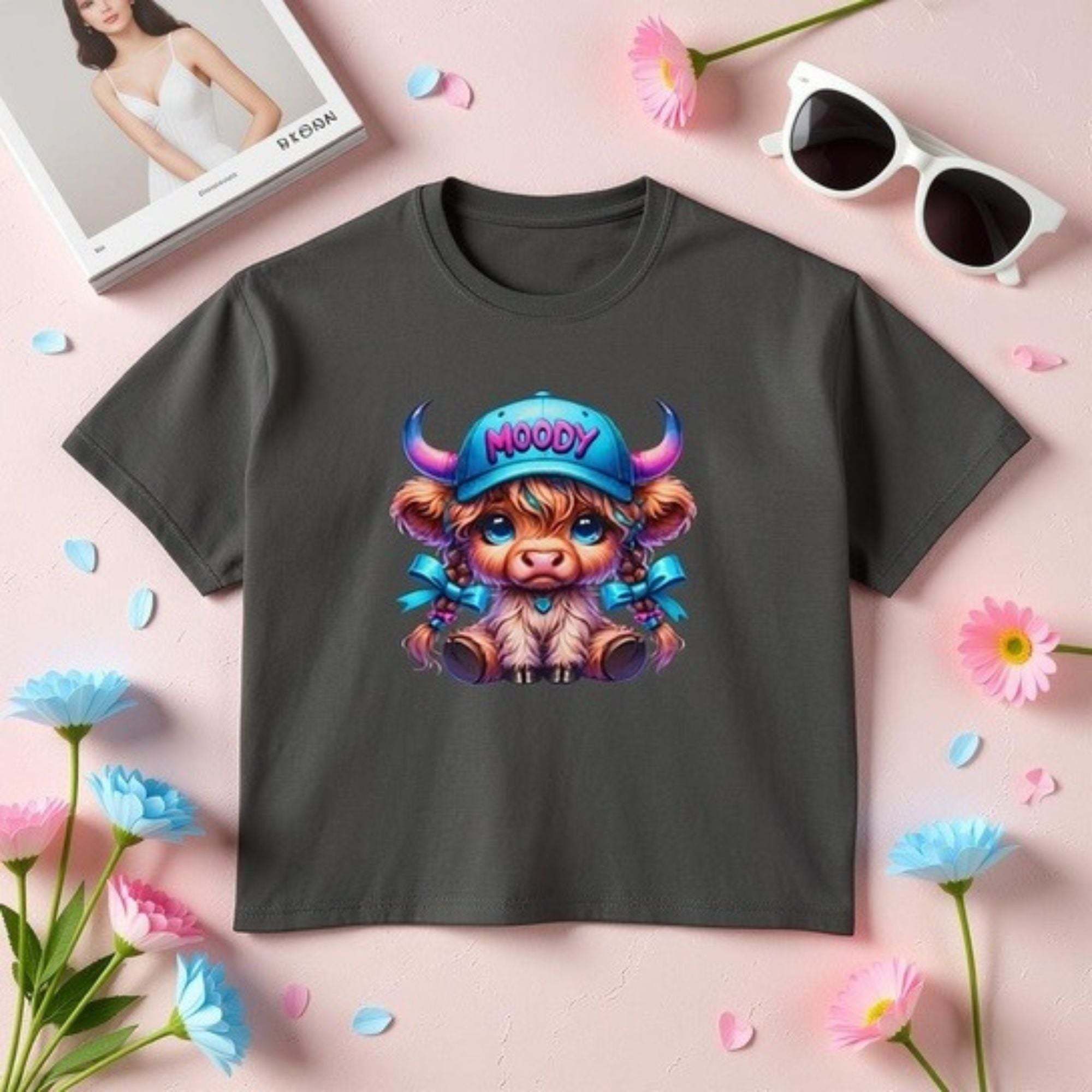 Women's boxy tee with moody girl highland cow graphic in vintage pigment dye colors