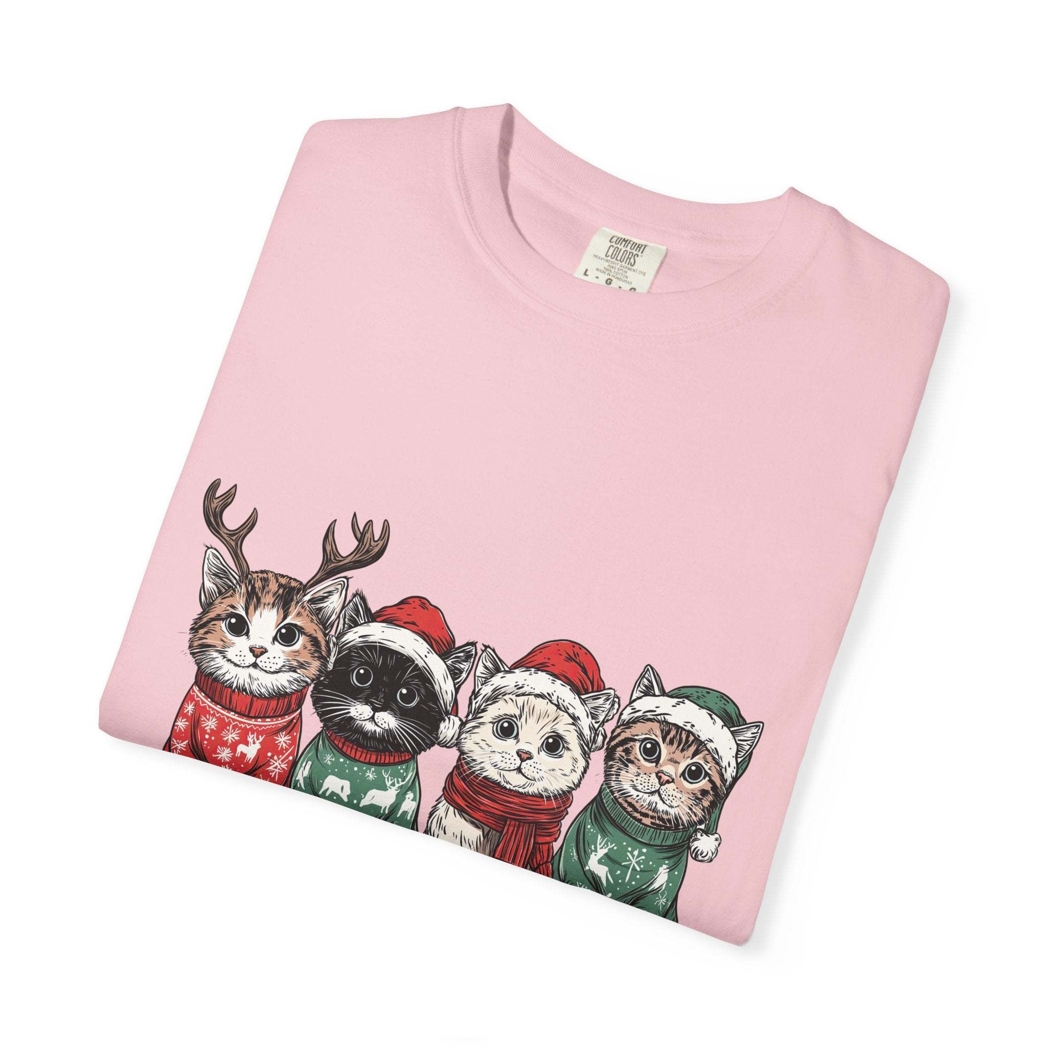 Bay Cat Lover T-shirt with Meowy Christmas design from Printify, perfect festive gift for cat enthusiasts.