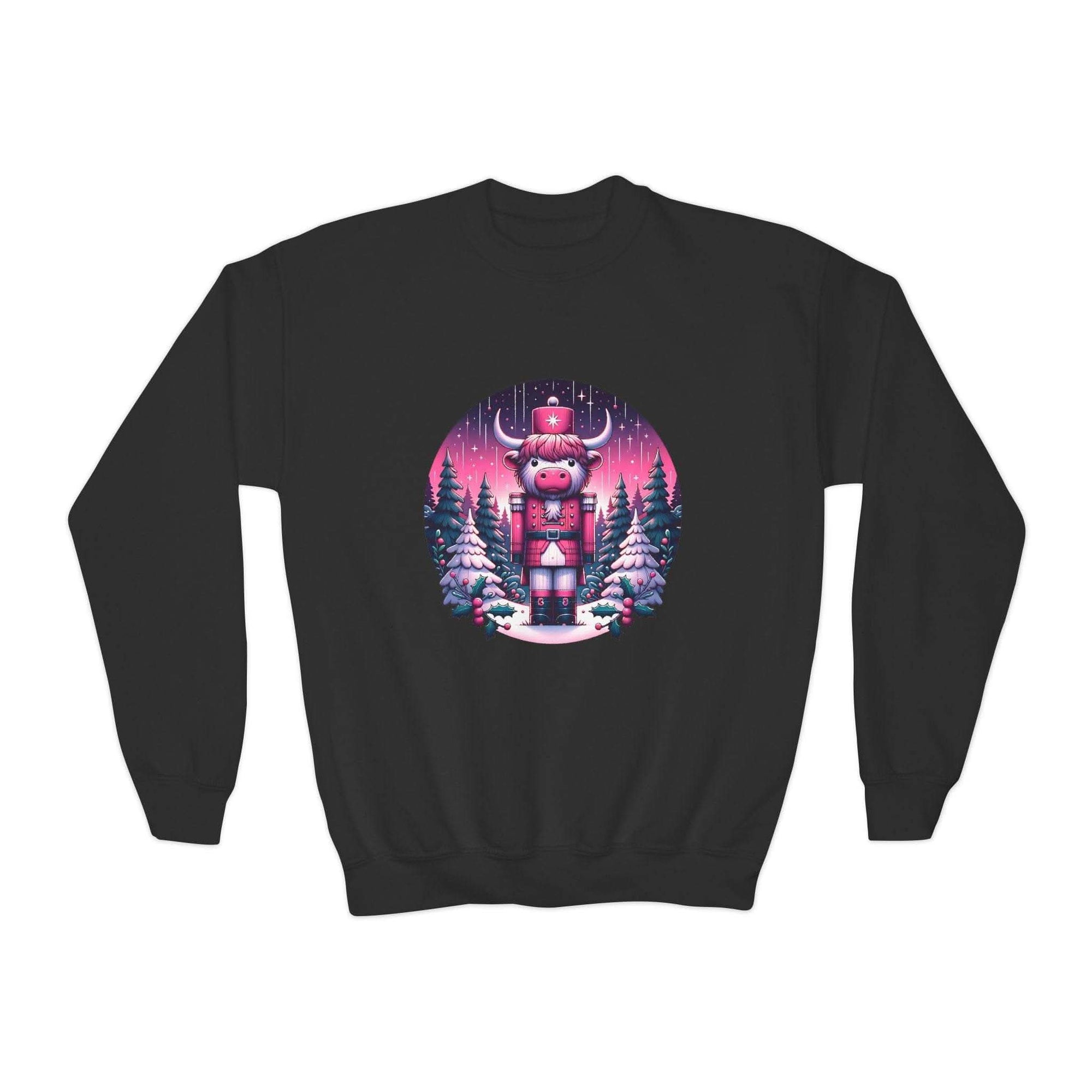 Navy youth crewneck sweatshirt featuring a festive Highland cow nutcracker design by Printify