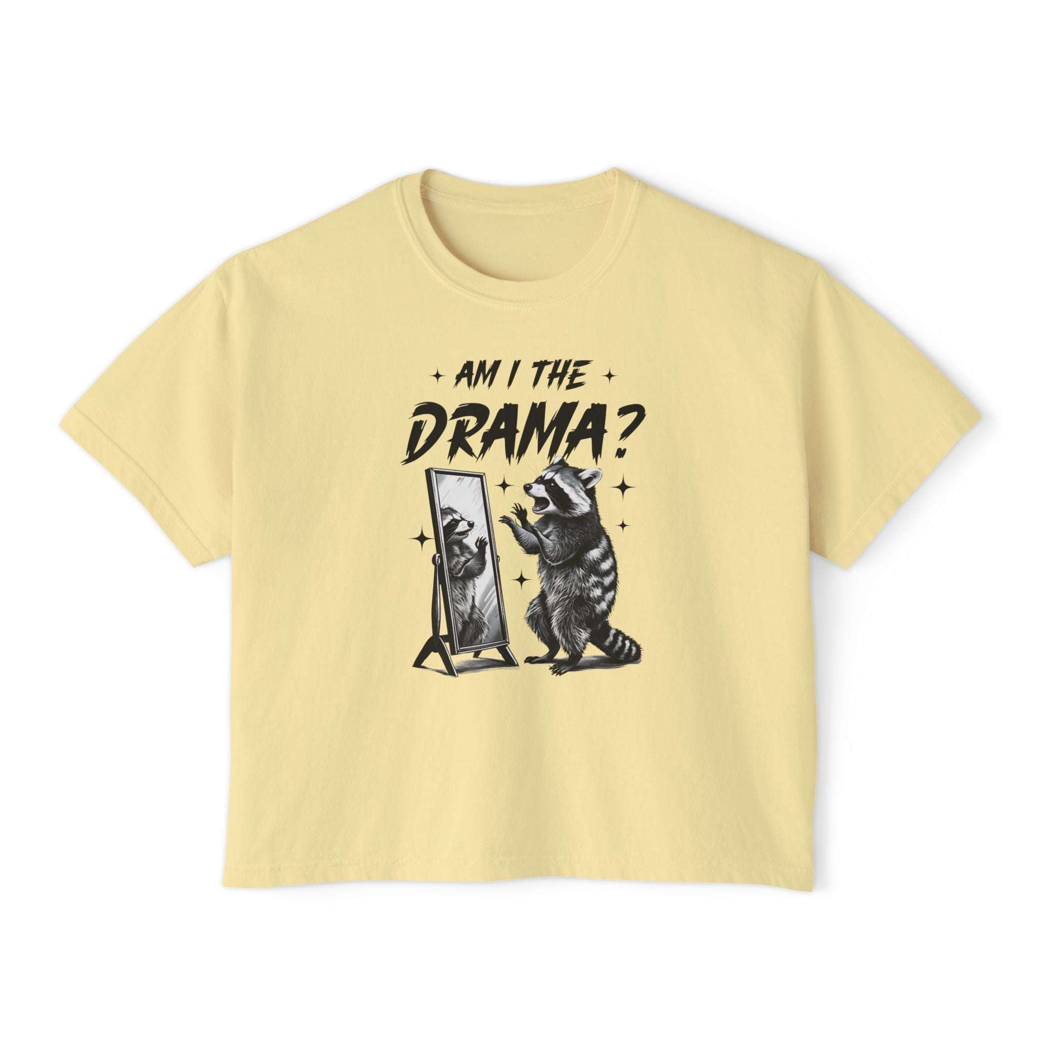 Women's boxy tee in vintage yellow with "Am I The Drama?" raccoon graphic, 100% cotton, cropped fit