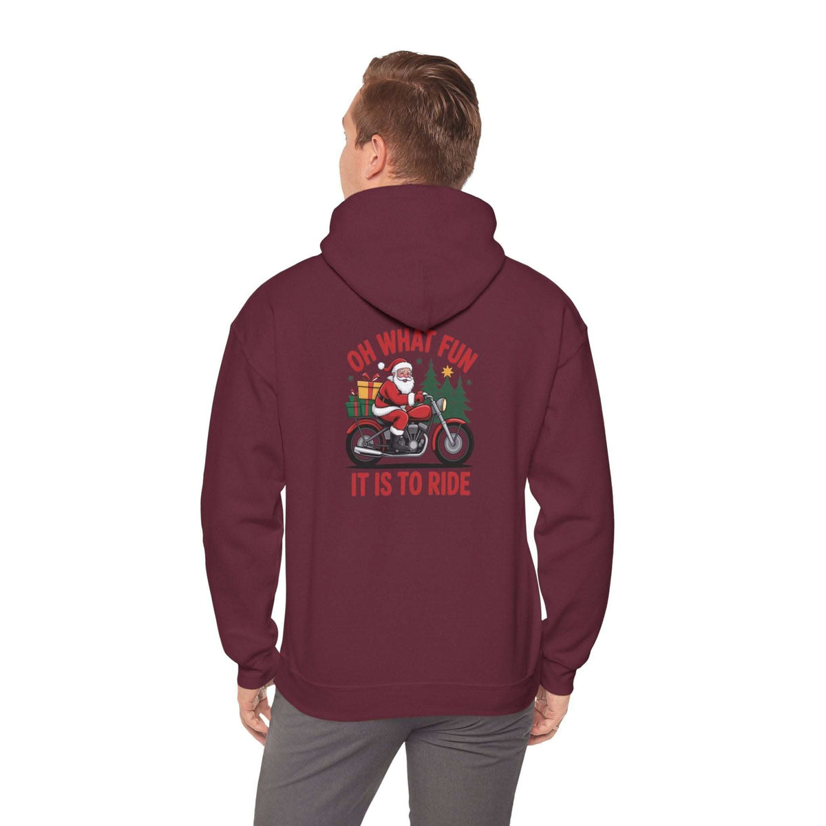 Santa motorcycle hoodie in black, featuring festive graphics, perfect for holiday celebrations and motorcycle enthusiasts.