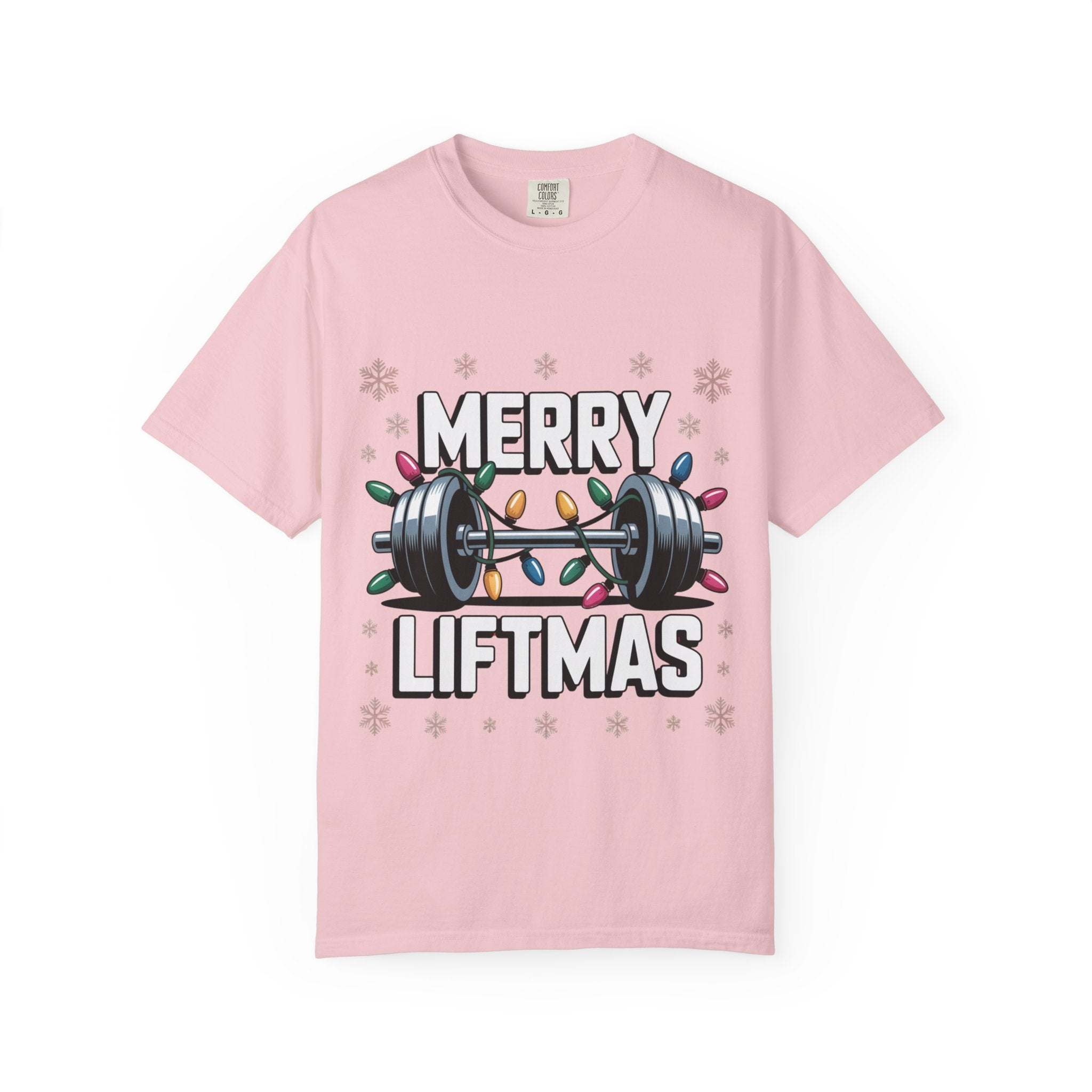 Pink Christmas Workout T-shirt with Merry Liftmas barbell and holiday lights design