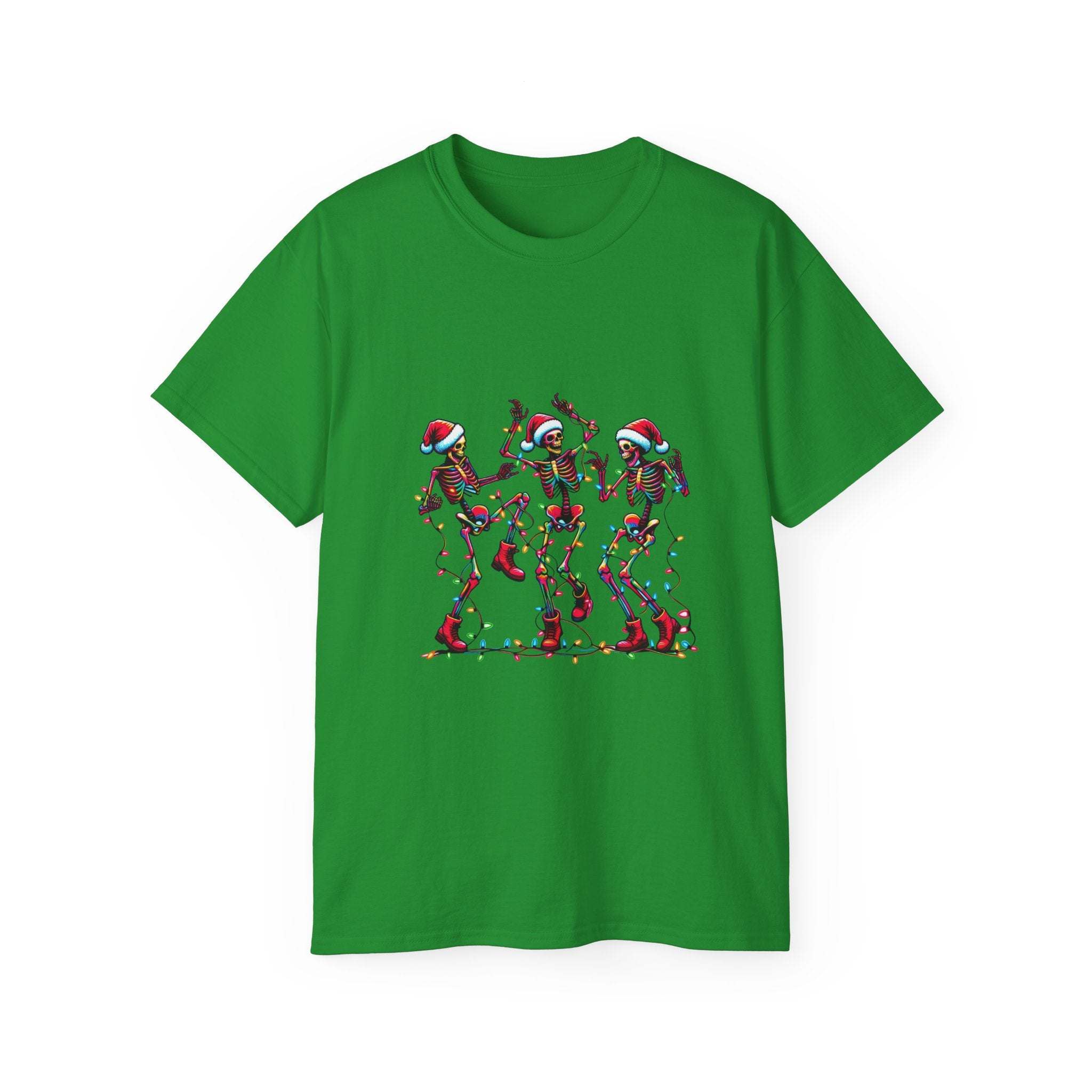 White Christmas Dancing Skeletons t-shirt by Printify, festive design perfect for holiday celebrations