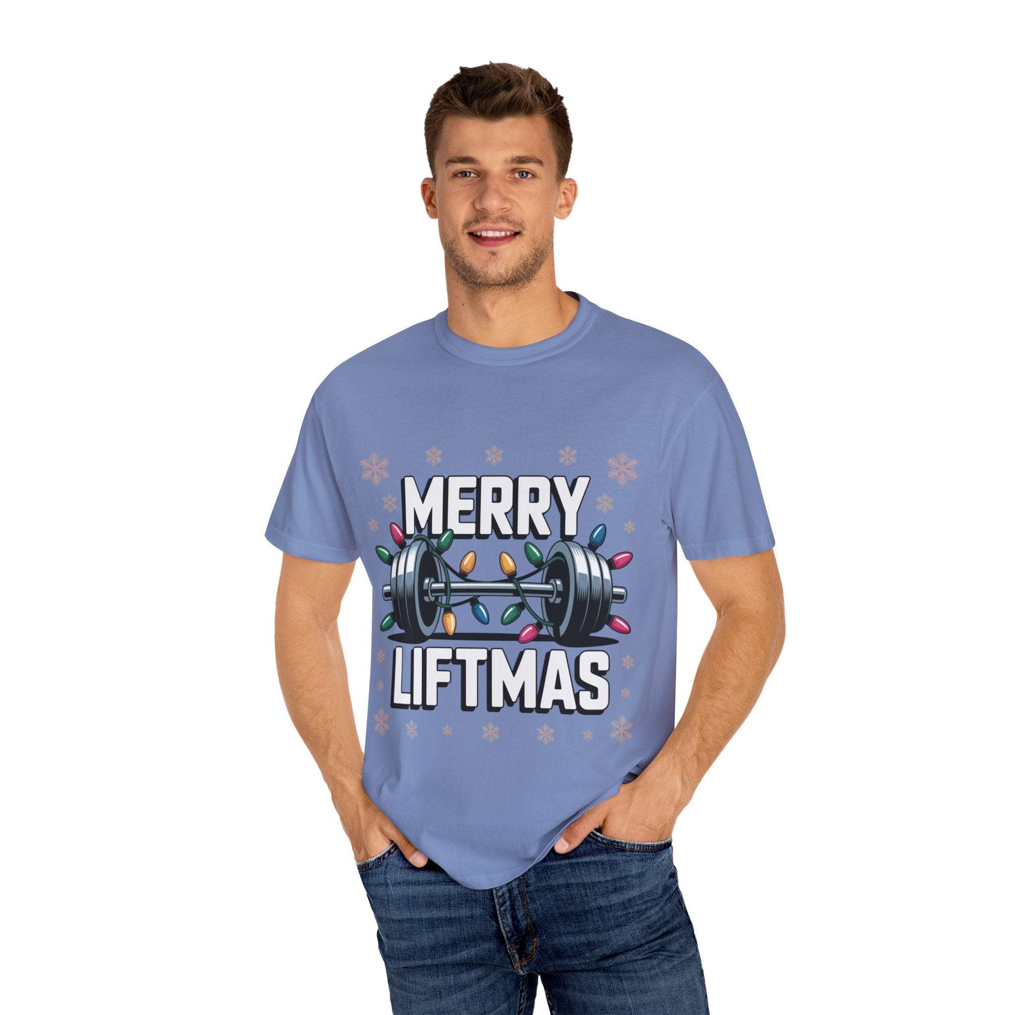 Man wearing blue Merry Liftmas Christmas workout T-shirt with festive barbell design