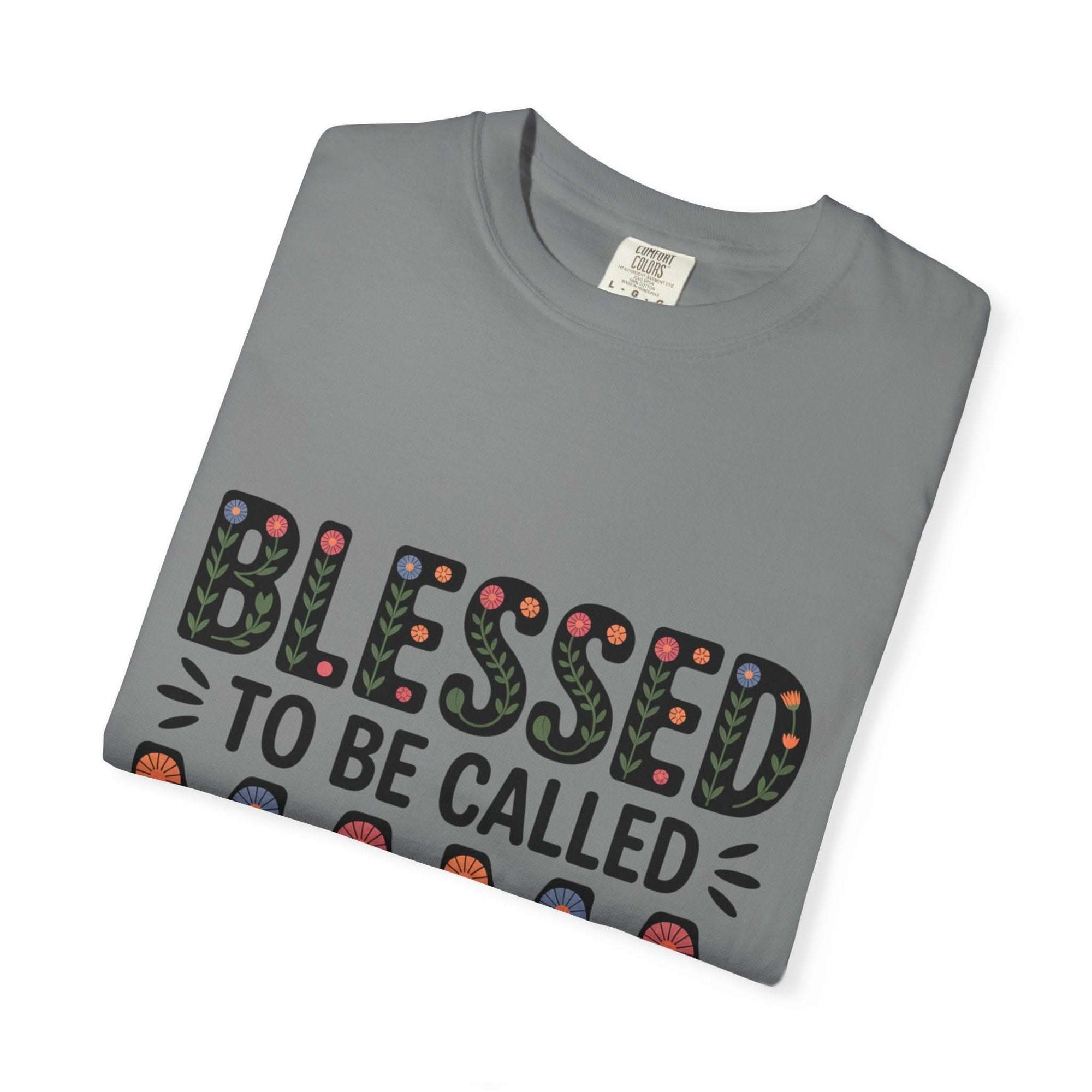 Floral Blessed To Be Called Mama T-Shirt with vintage washed cotton and floral lettering celebrating motherhood