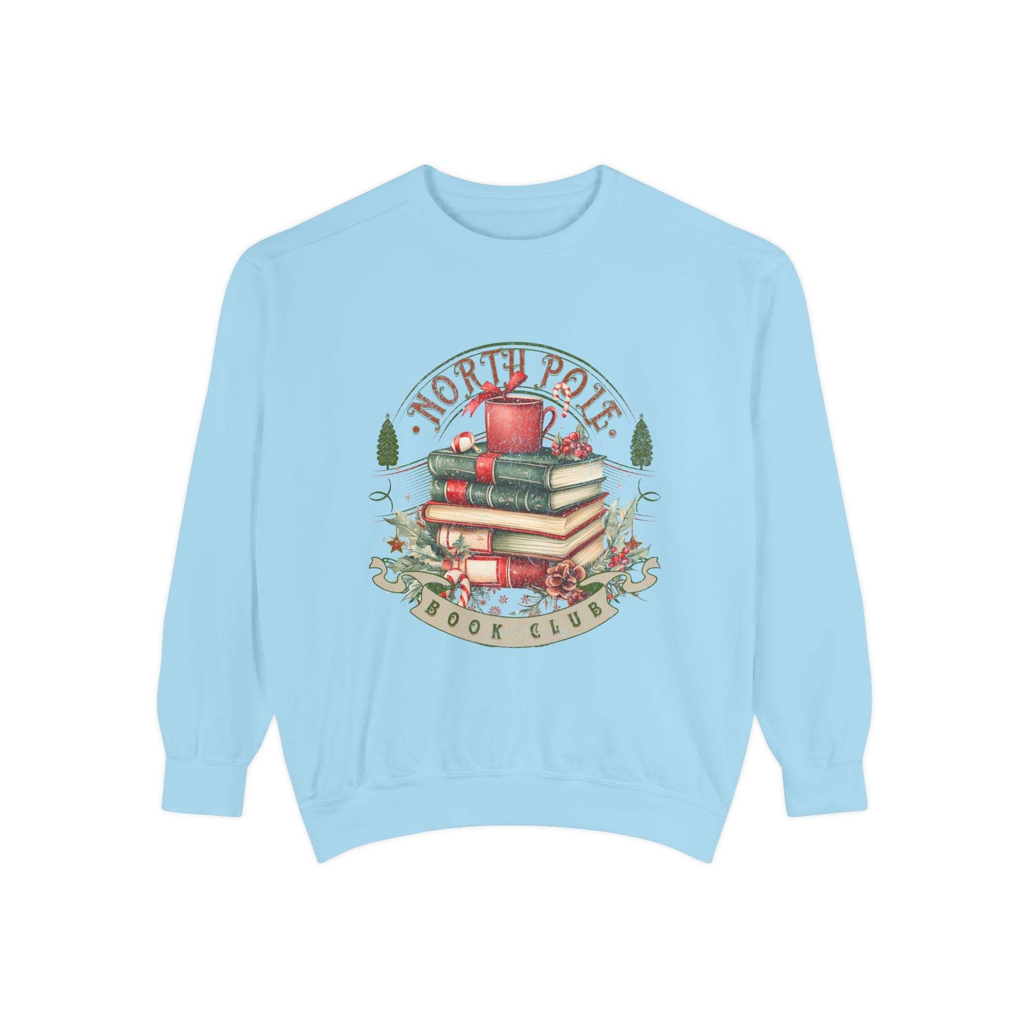 Light blue Vintage North Pole Book Club sweatshirt with cozy holiday book stack design