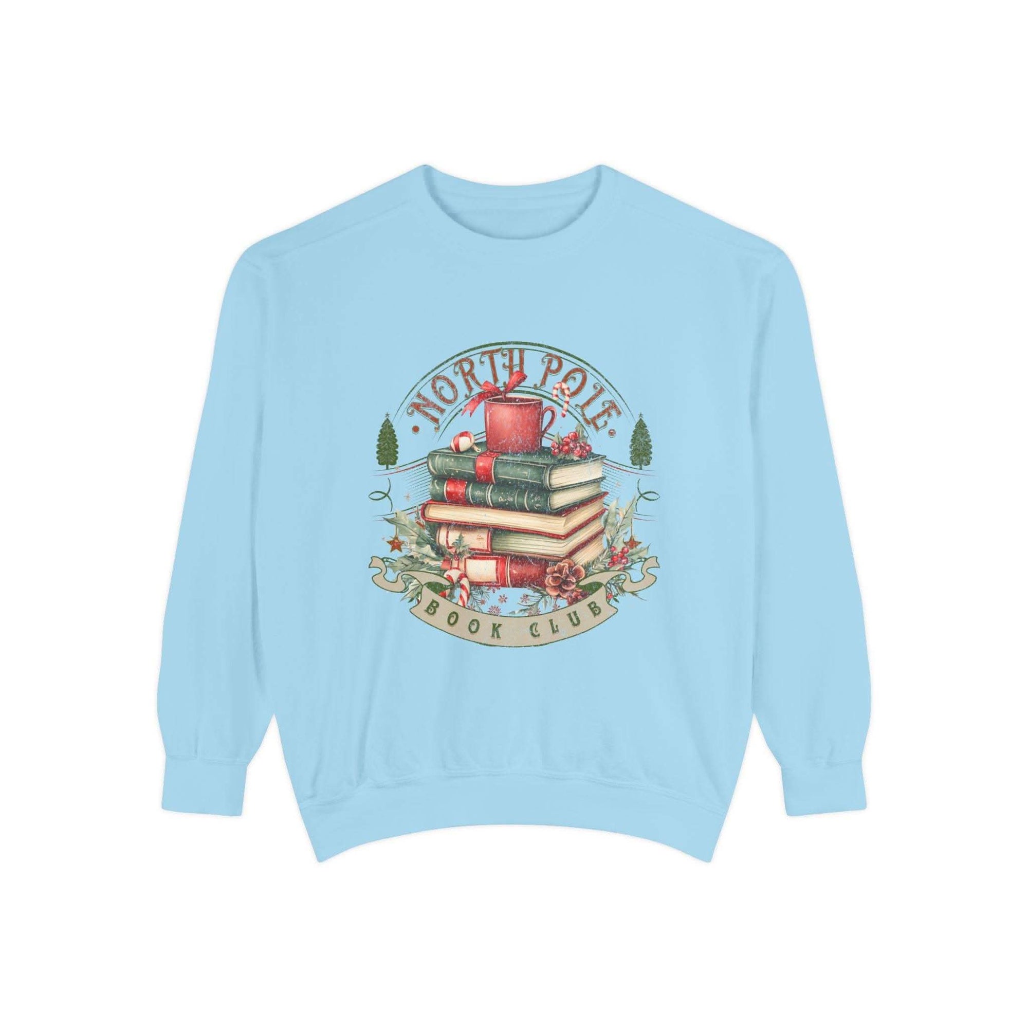 Light blue Vintage North Pole Book Club sweatshirt with cozy holiday book stack design