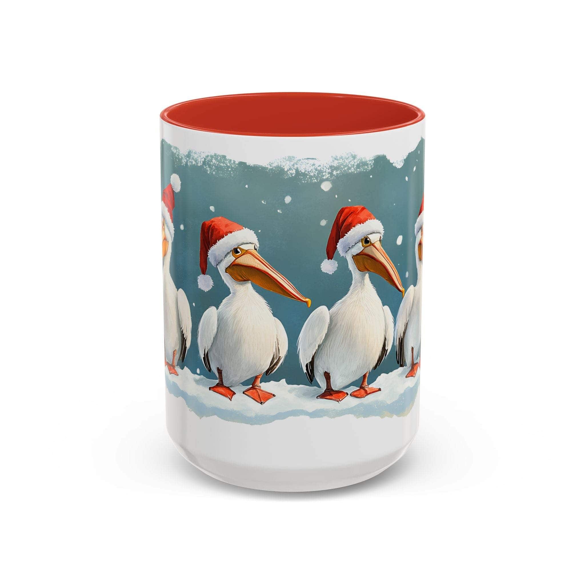 Mug with Christmas design featuring pelicans wearing Santa hats on a white background