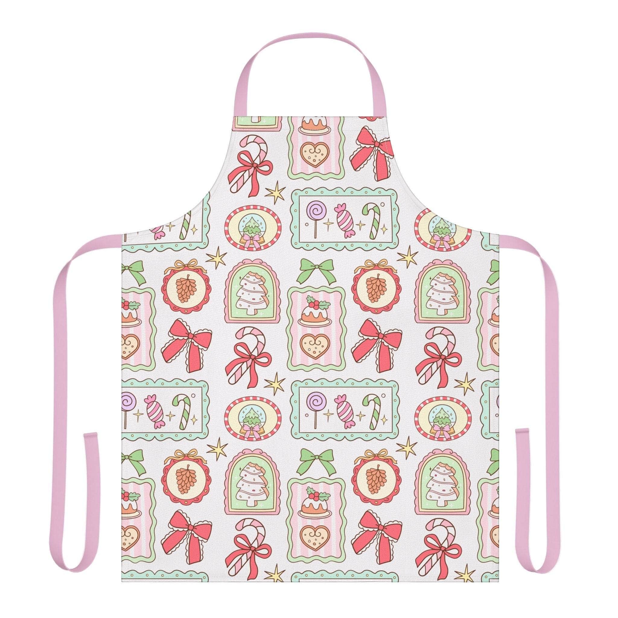 Retro Christmas Frames apron with festive bows and candy designs, pink straps, and soft polyester fabric for holiday cooking.