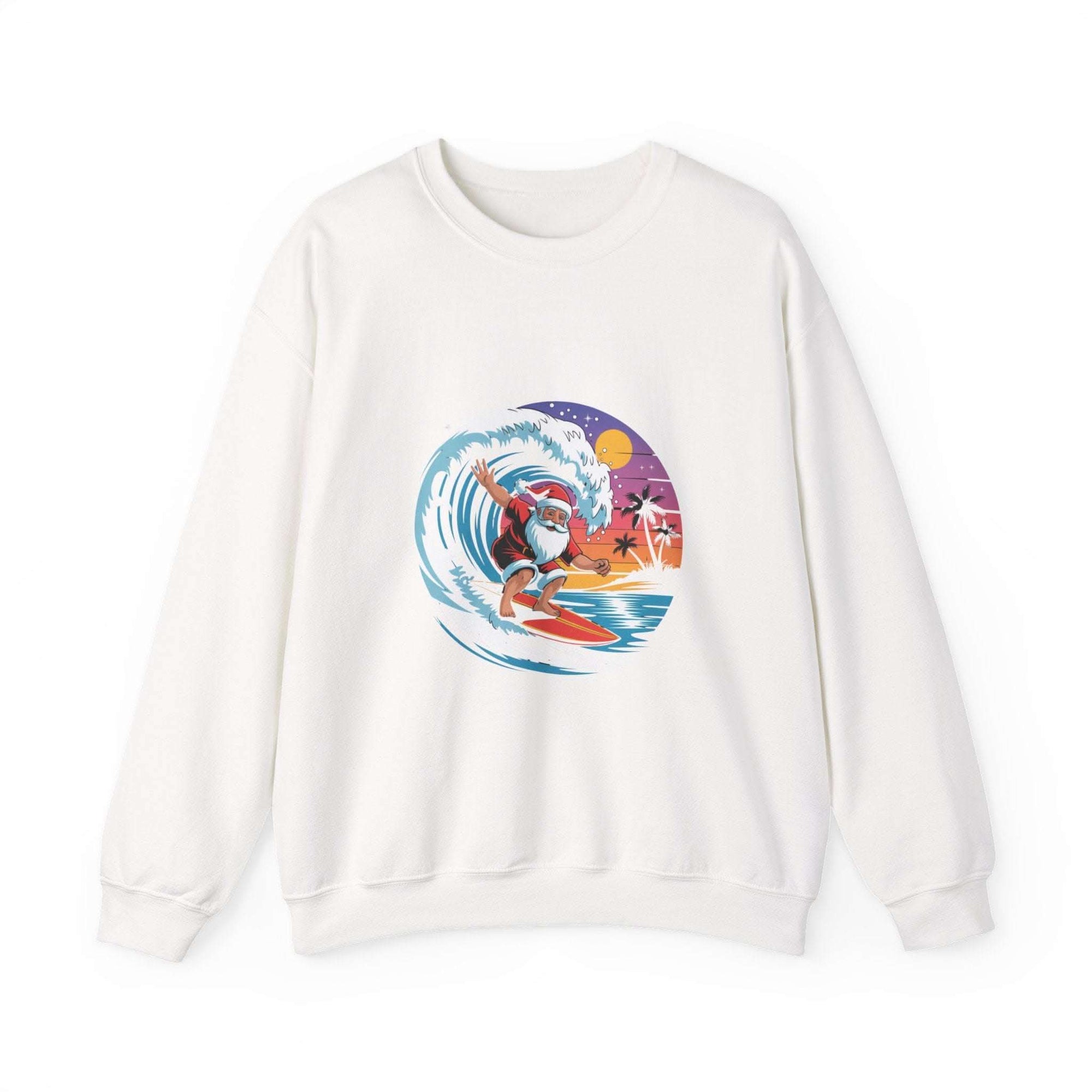 Navy Santa sweatshirt featuring a surfing design, perfect for holiday beachwear by Printify.