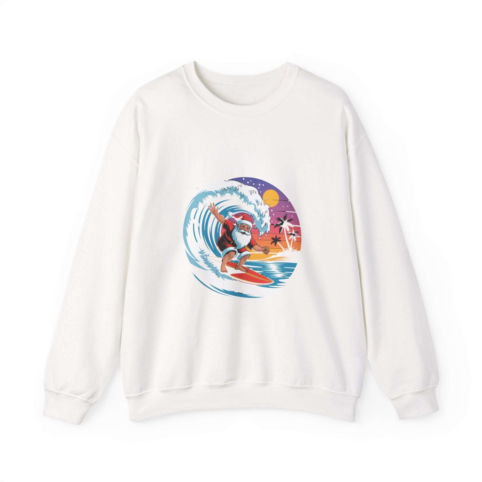 Navy Santa sweatshirt featuring a surfing design, perfect for holiday beachwear by Printify.