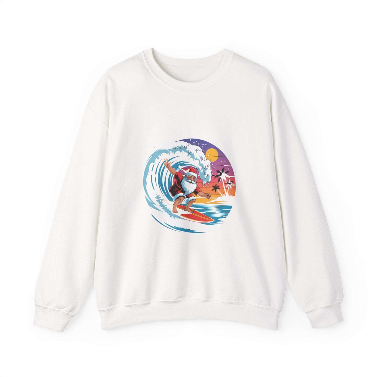 Navy Santa sweatshirt featuring a surfing design, perfect for holiday beachwear by Printify.