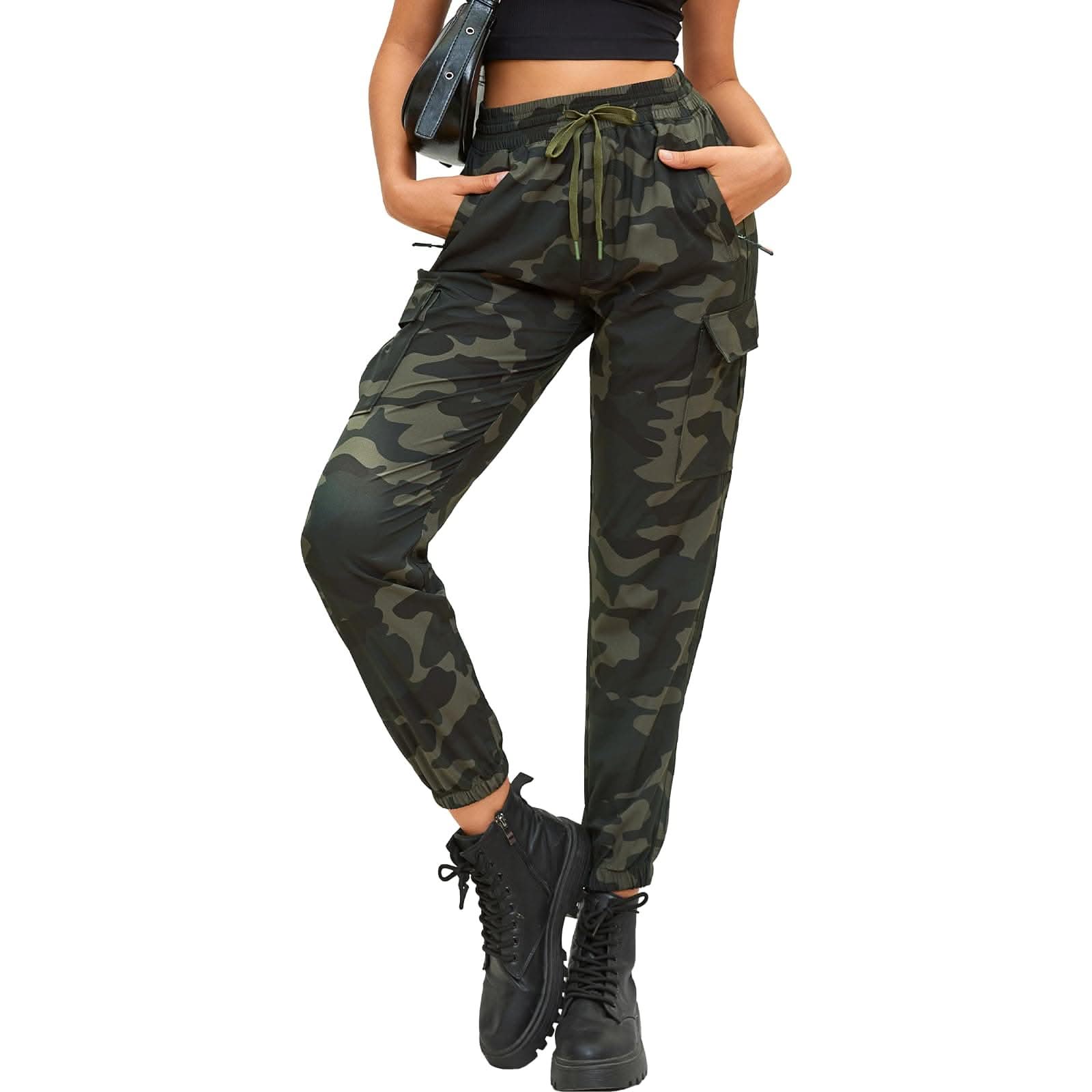 Womens lightweight hiking cargo pants with quick dry, water-resistant fabric, UPF 50+ protection, zippered pockets, and adjustable waistband