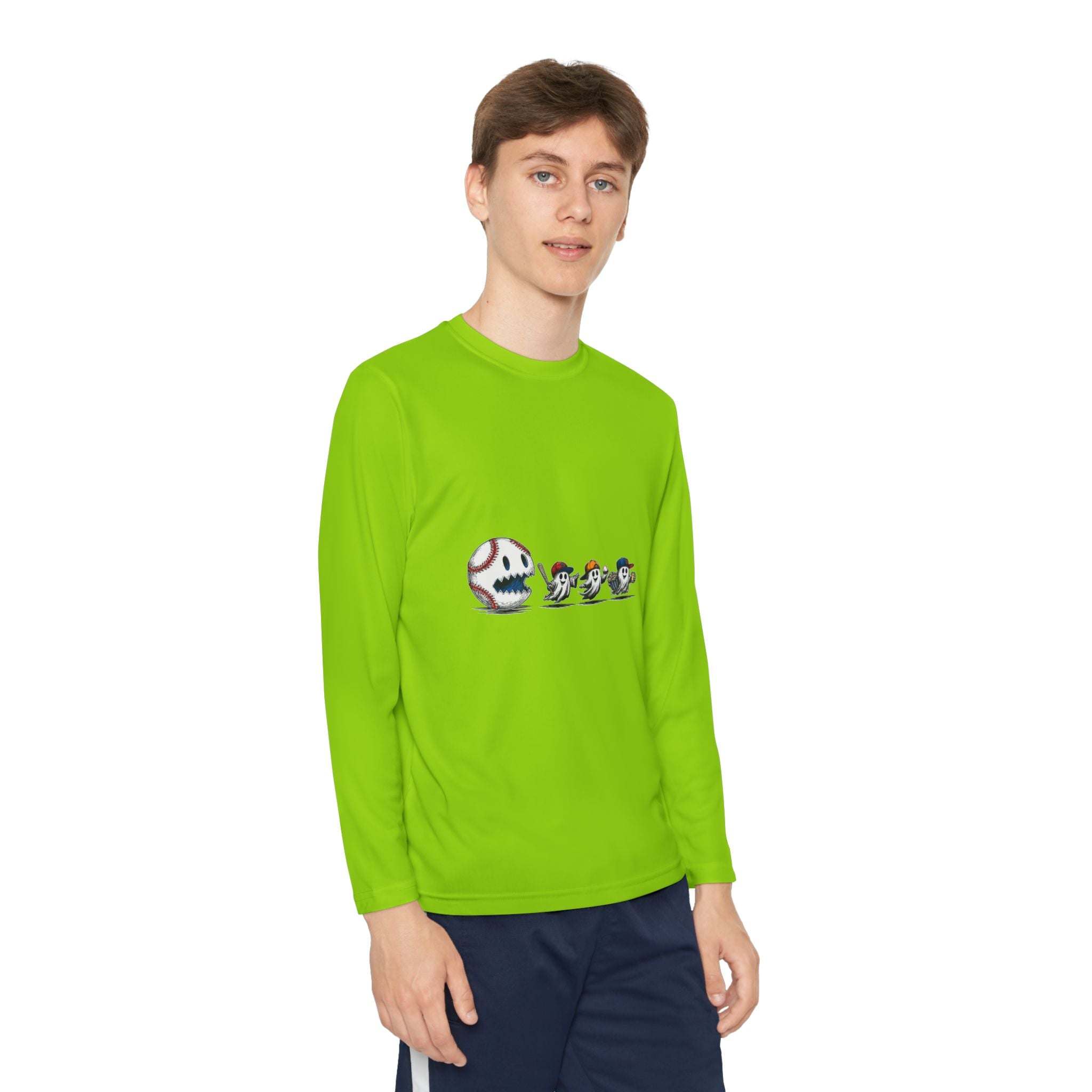 Youth Tee long sleeve green shirt with baseball eating Halloween ghosts design