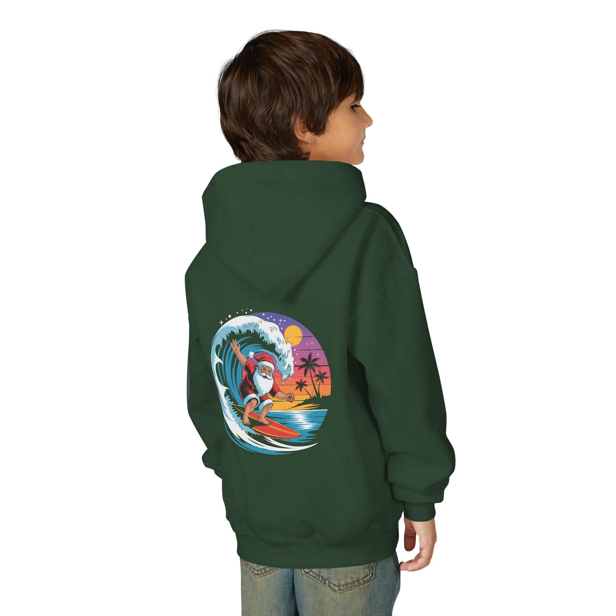 Child wearing navy Surfing Santa Hoodie with Santa surfing on wave graphic on back