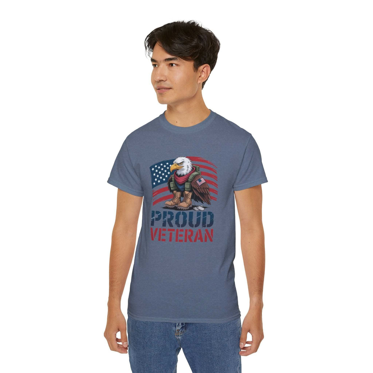 Young man wearing blue Proud Veteran T-shirt with eagle and American flag design veteran tee shirt