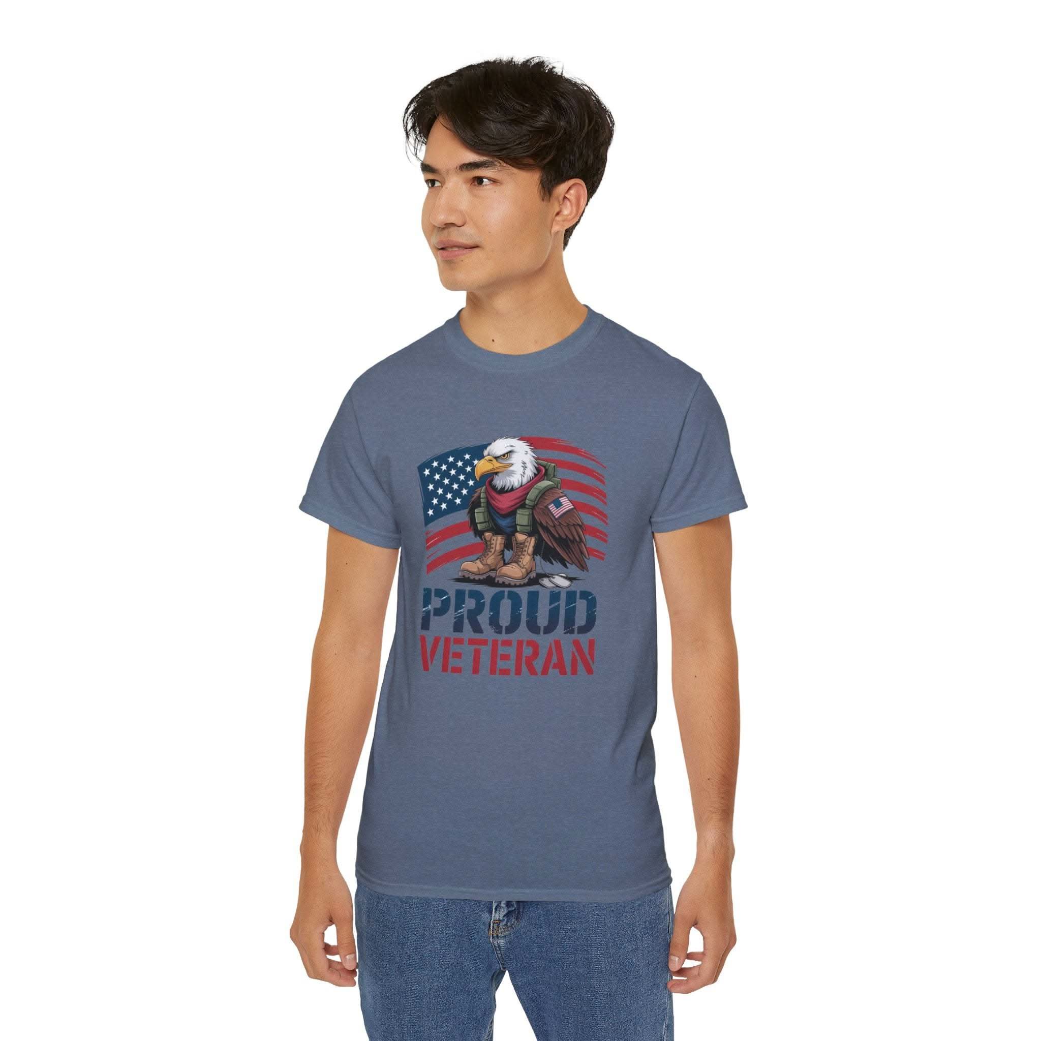 Young man wearing blue Proud Veteran T-shirt with eagle and American flag design veteran tee shirt