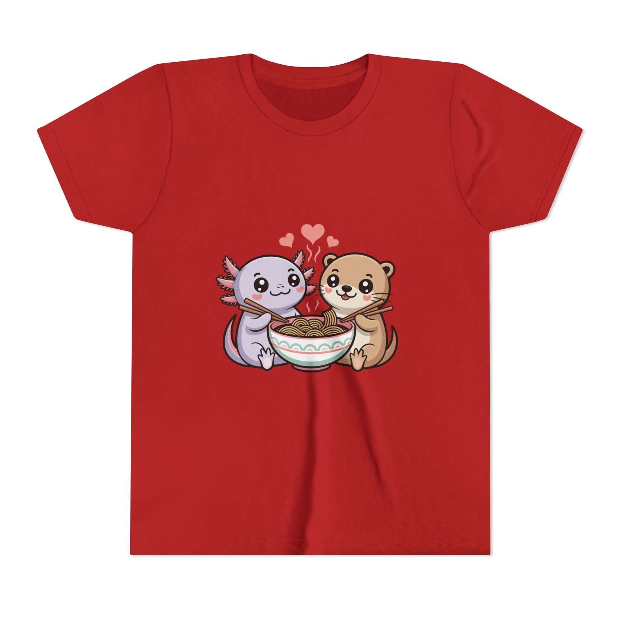 Cute Kawaii Animal Kids Shirt with axolotl and otter eating ramen, lightweight cotton tee for kids