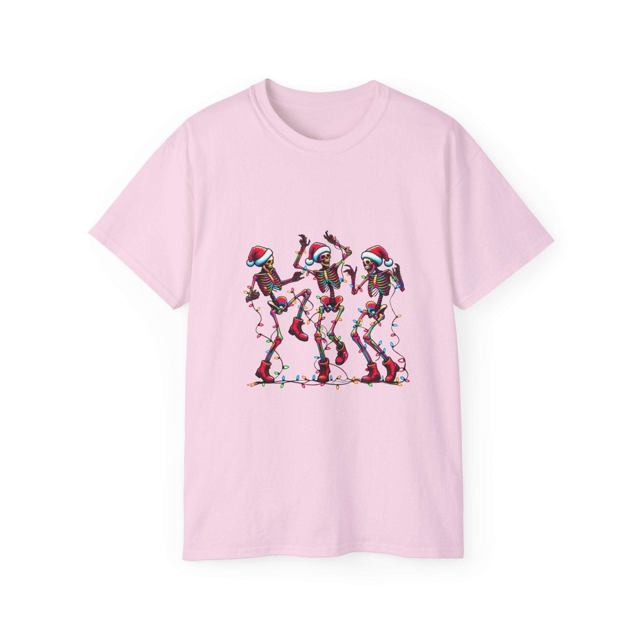White Christmas Dancing Skeletons t-shirt by Printify, festive design perfect for holiday celebrations