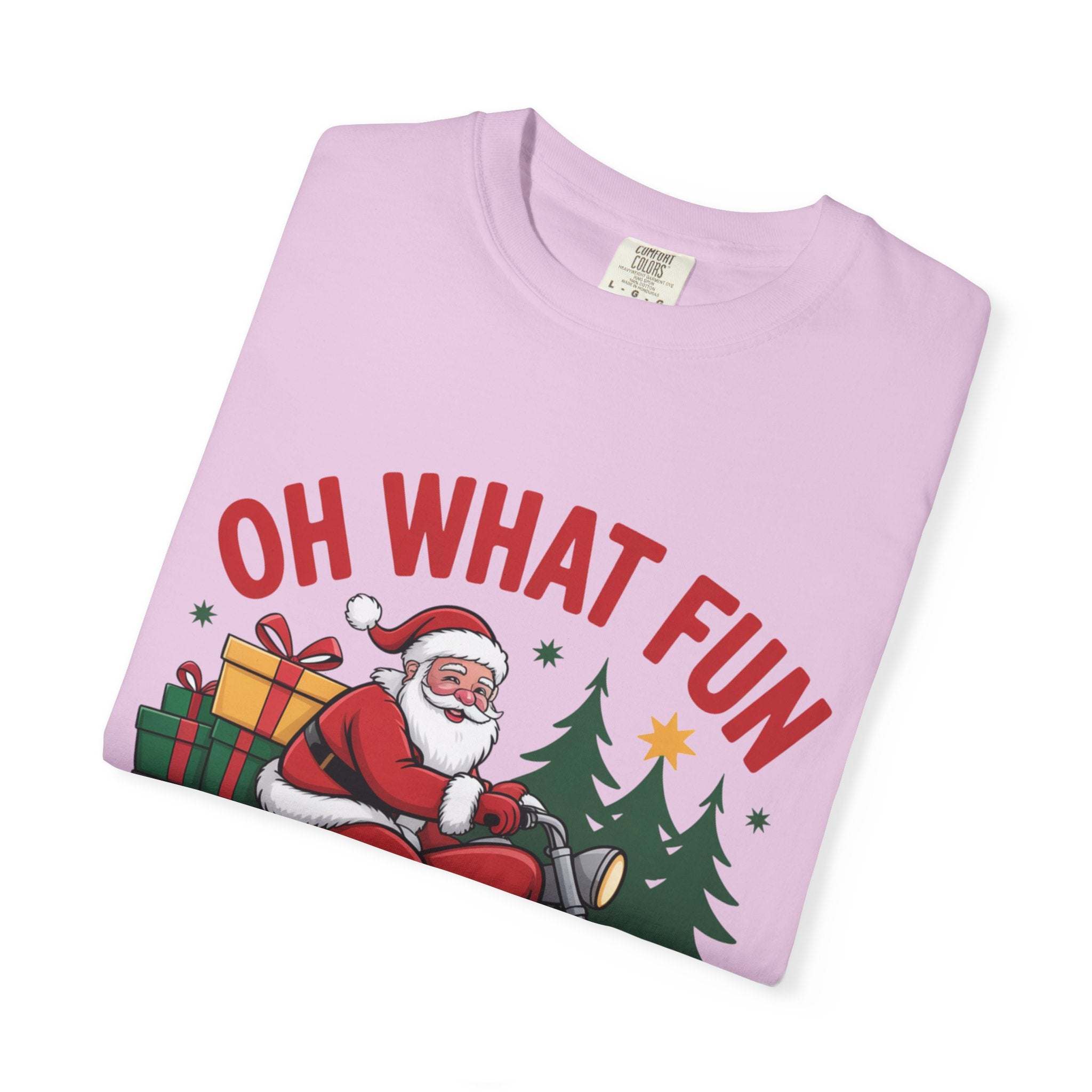 Santa on a motorcycle Christmas t-shirt with festive gifts and trees design