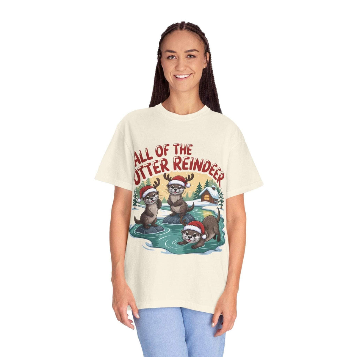 woman wearing Otter Reindeer Tee with festive otter design in holiday scene