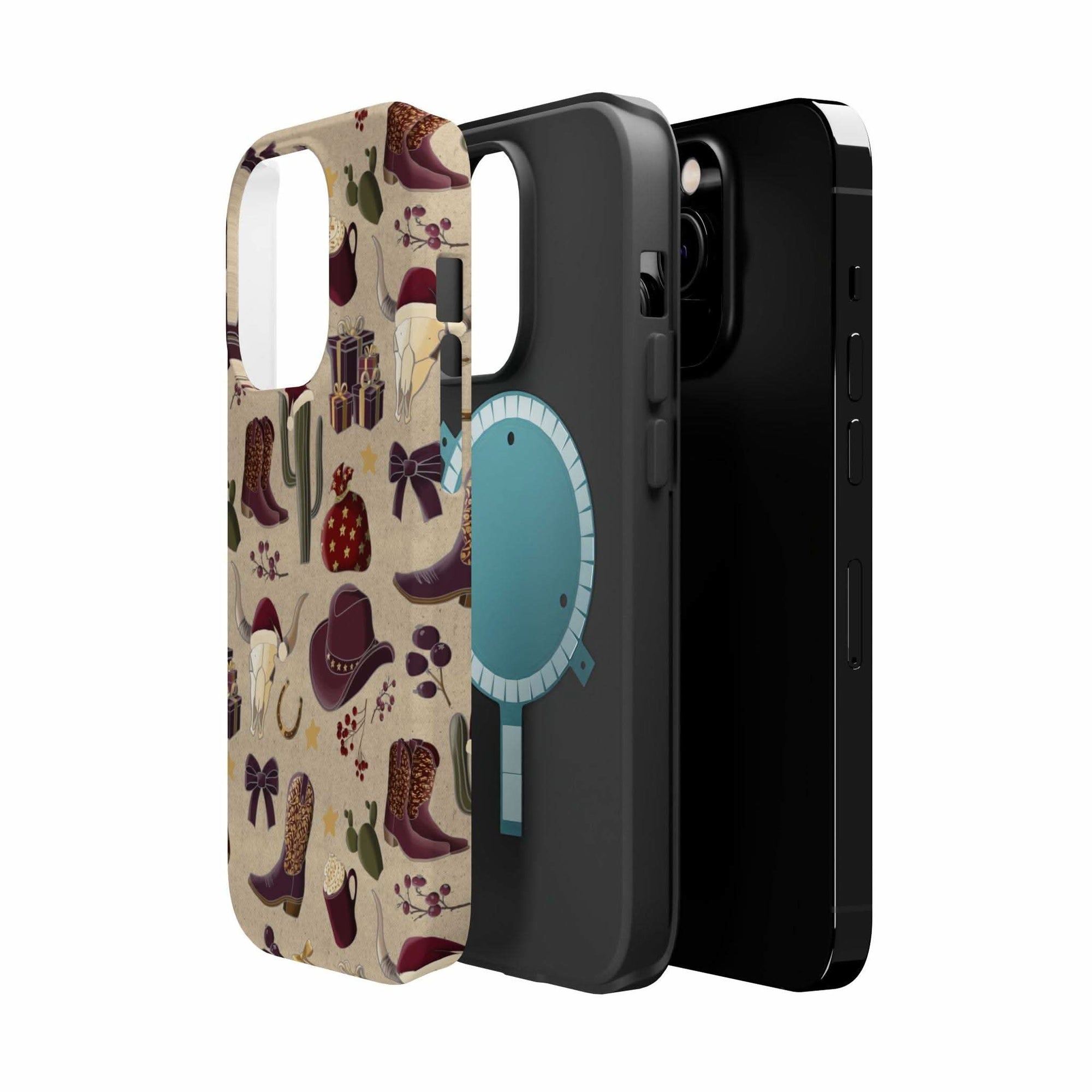 Cowboy Christmas design phone case for iPhone 17 in glossy finish by Printify, featuring festive colors and patterns.