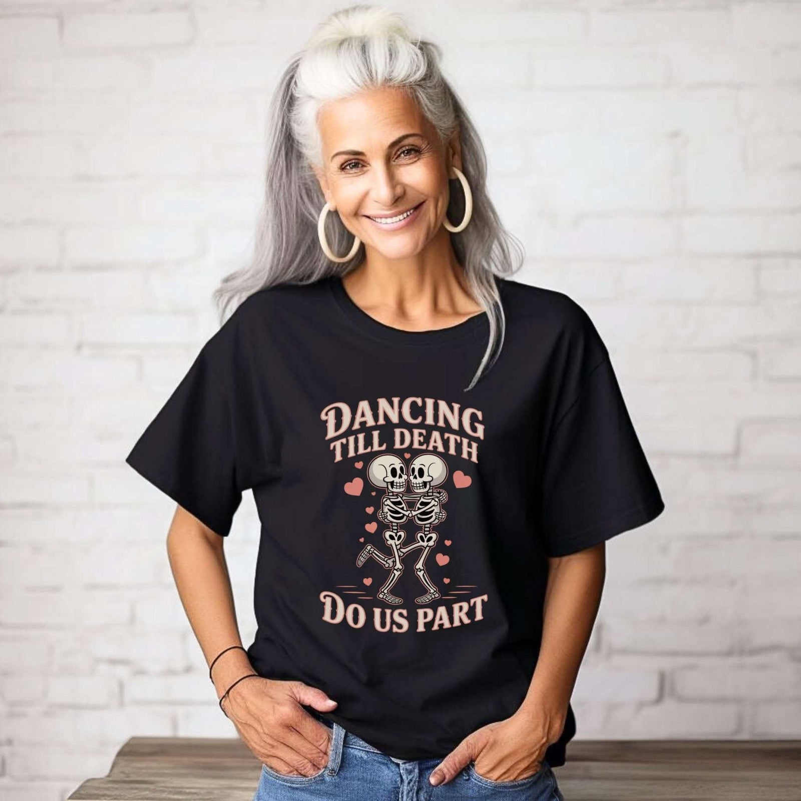 Black heavyweight t-shirt with faded "Dancing Till Death Do Us Part" print, casual relaxed fit for music lovers and punk shows