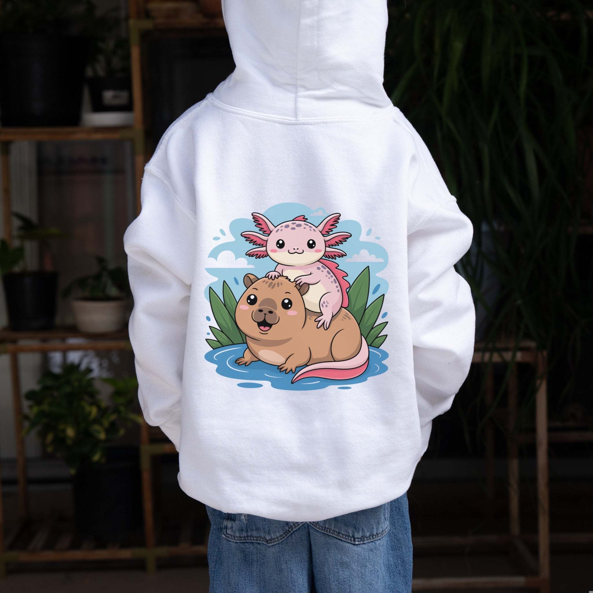 Youth hoodie with axolotl and capybara design, soft cotton-poly blend pullover sweatshirt