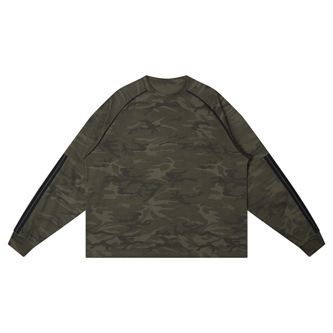 Unisex camo long sleeve t-shirt with raglan sleeves and ribbed cuffs in relaxed fit