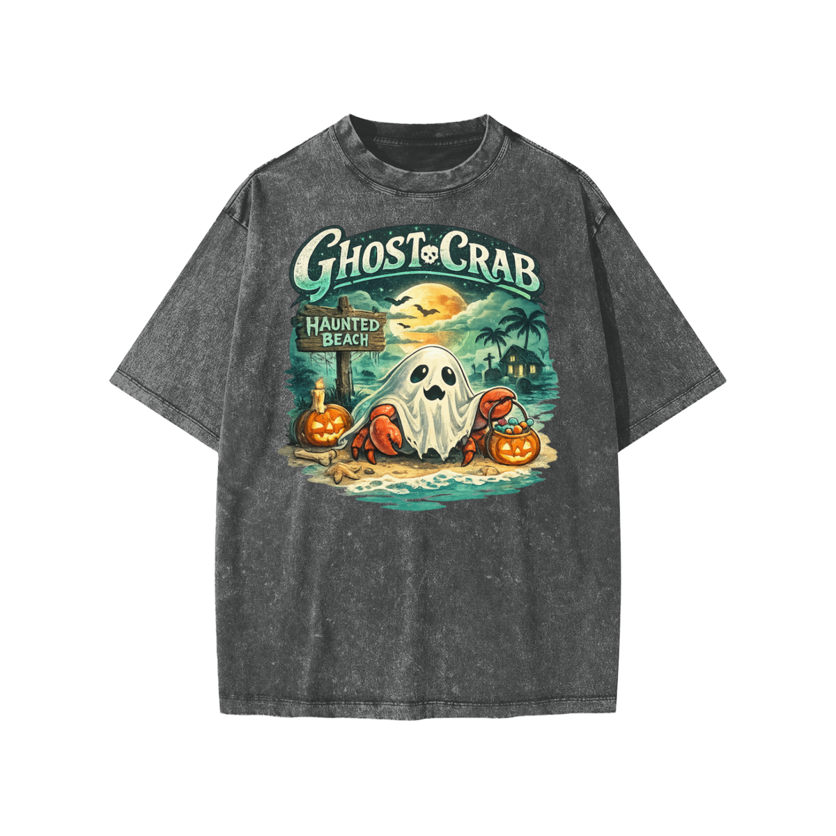 Ghost Crab Snow Washed Kids' T-Shirt featuring a coastal Halloween ghost crab graphic on vintage-style cotton fabric.