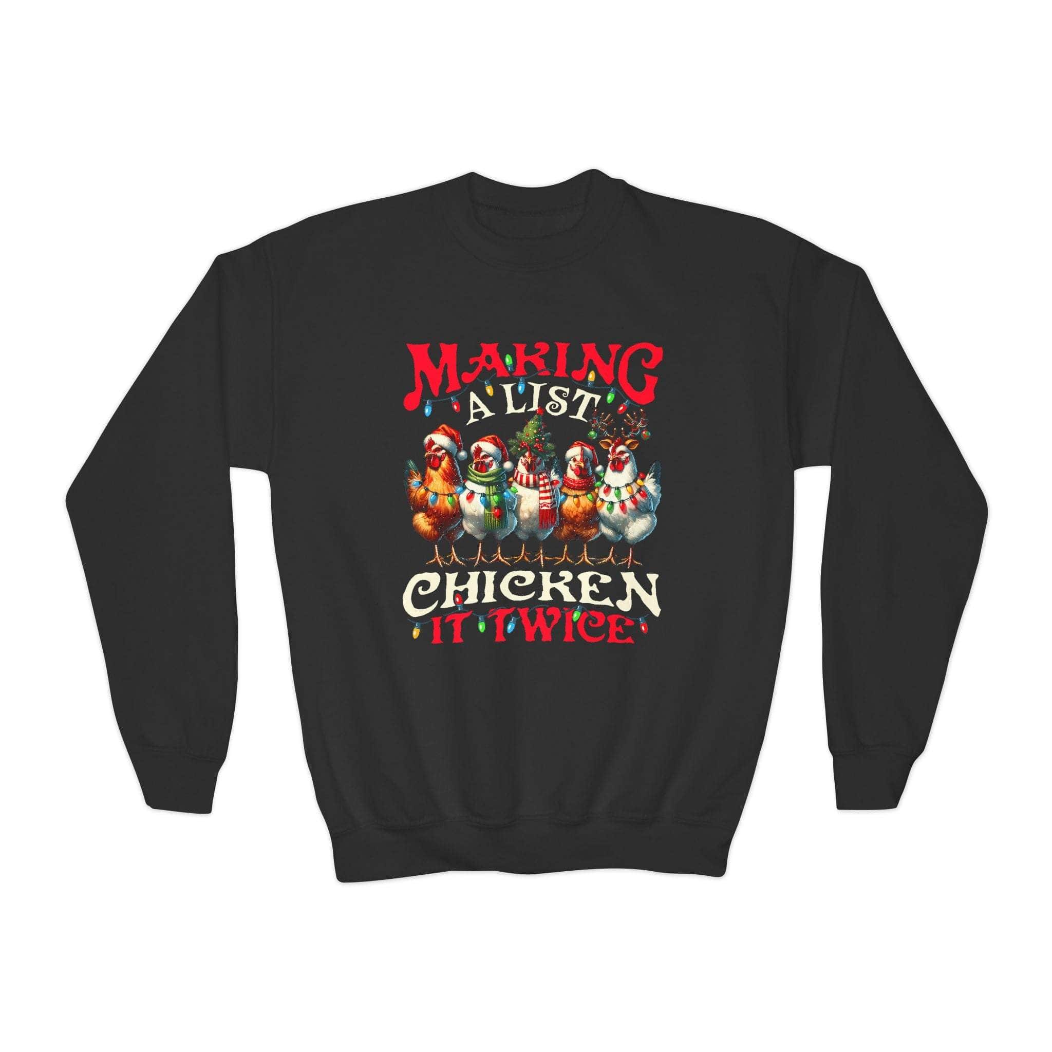 Navy youth crewneck sweatshirt featuring 'Making a List Chicken it Twice' graphic, from Printify.