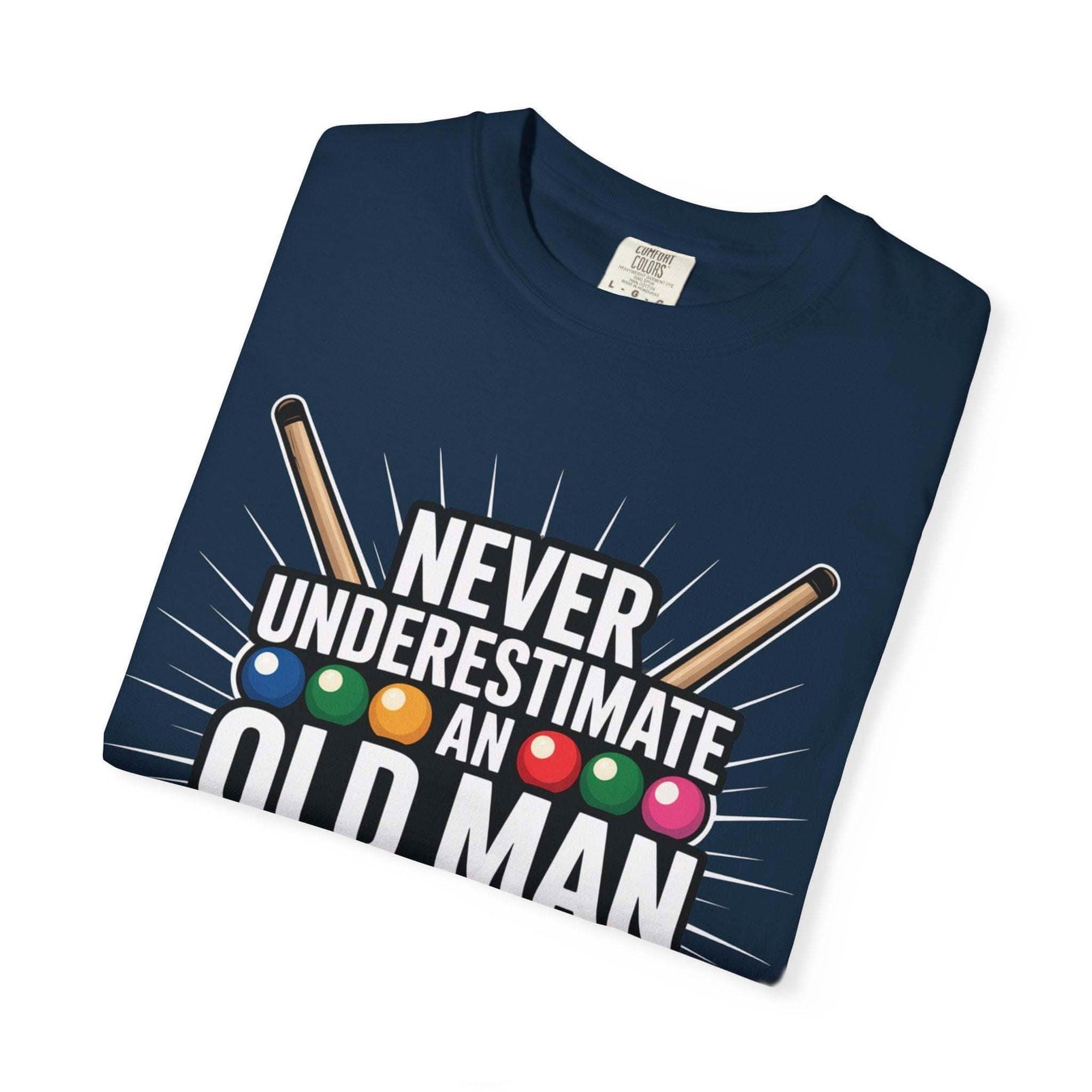 Navy blue t-shirt with pool-themed text and graphics on a white background