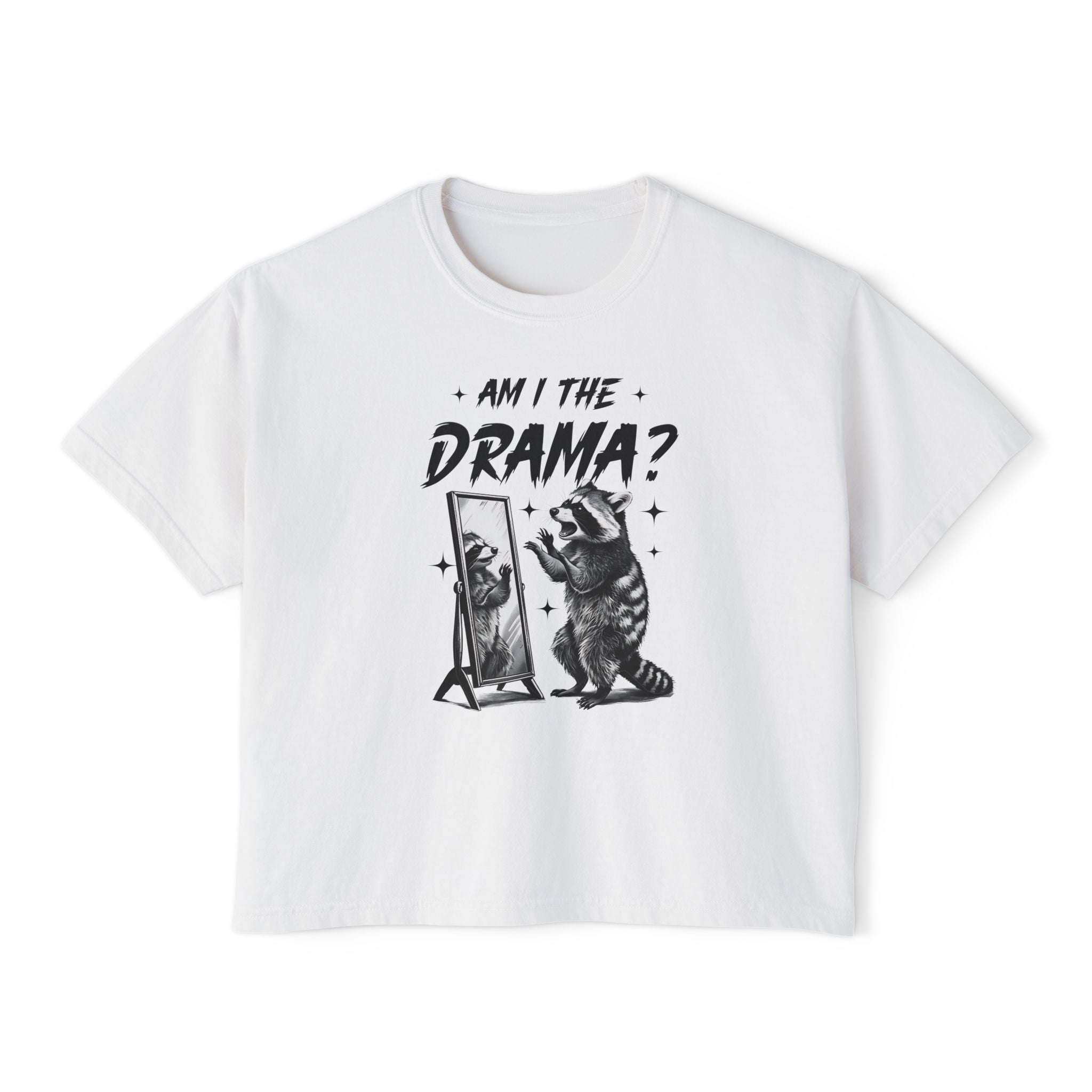 White boxy tee with "Am I The Drama?" graphic featuring a raccoon looking into a mirror, made of 100% ring-spun cotton with a vintage pigment dye look.
