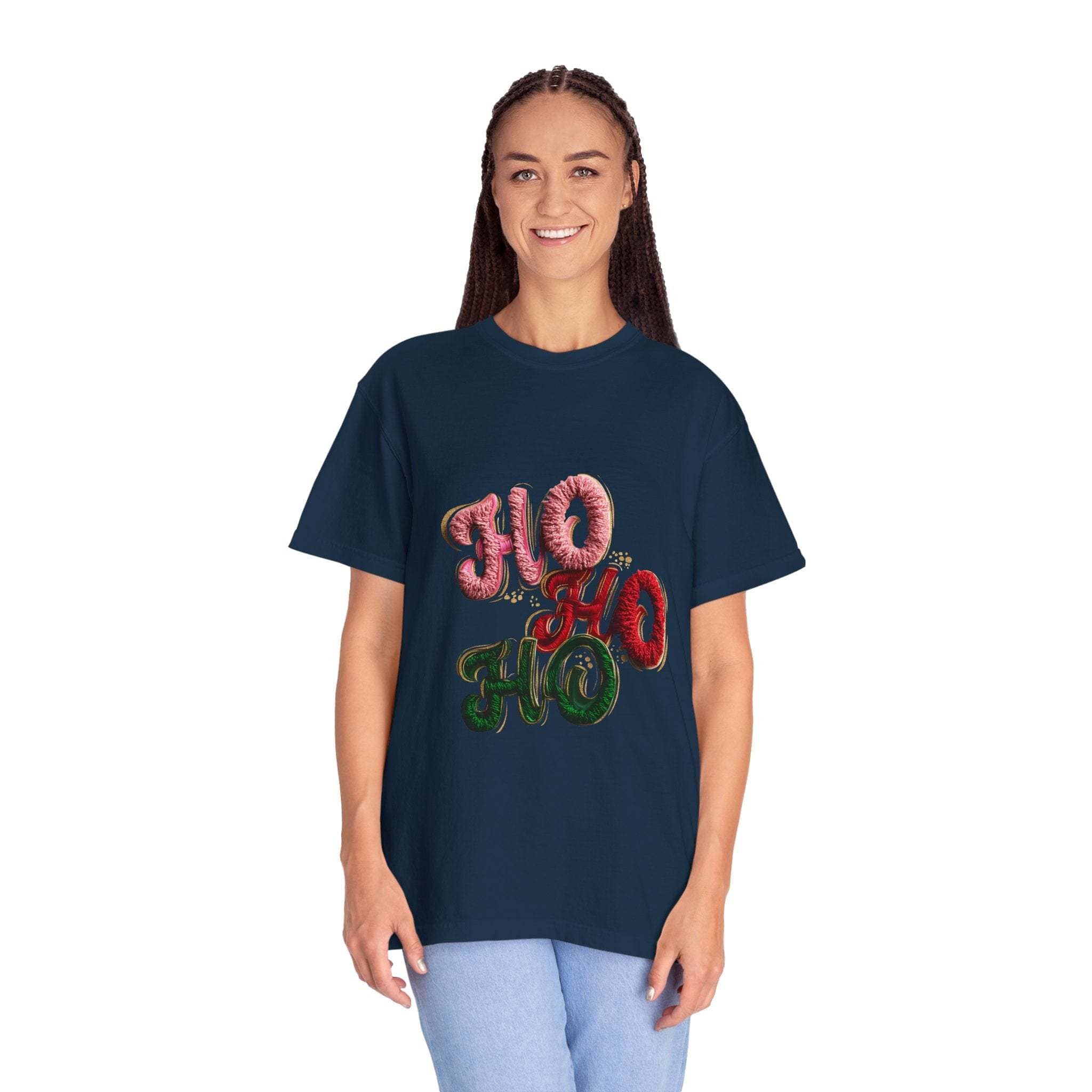 White Christmas graphic tee featuring faux puffy crochet 'Ho, Ho, Ho' design by Printify