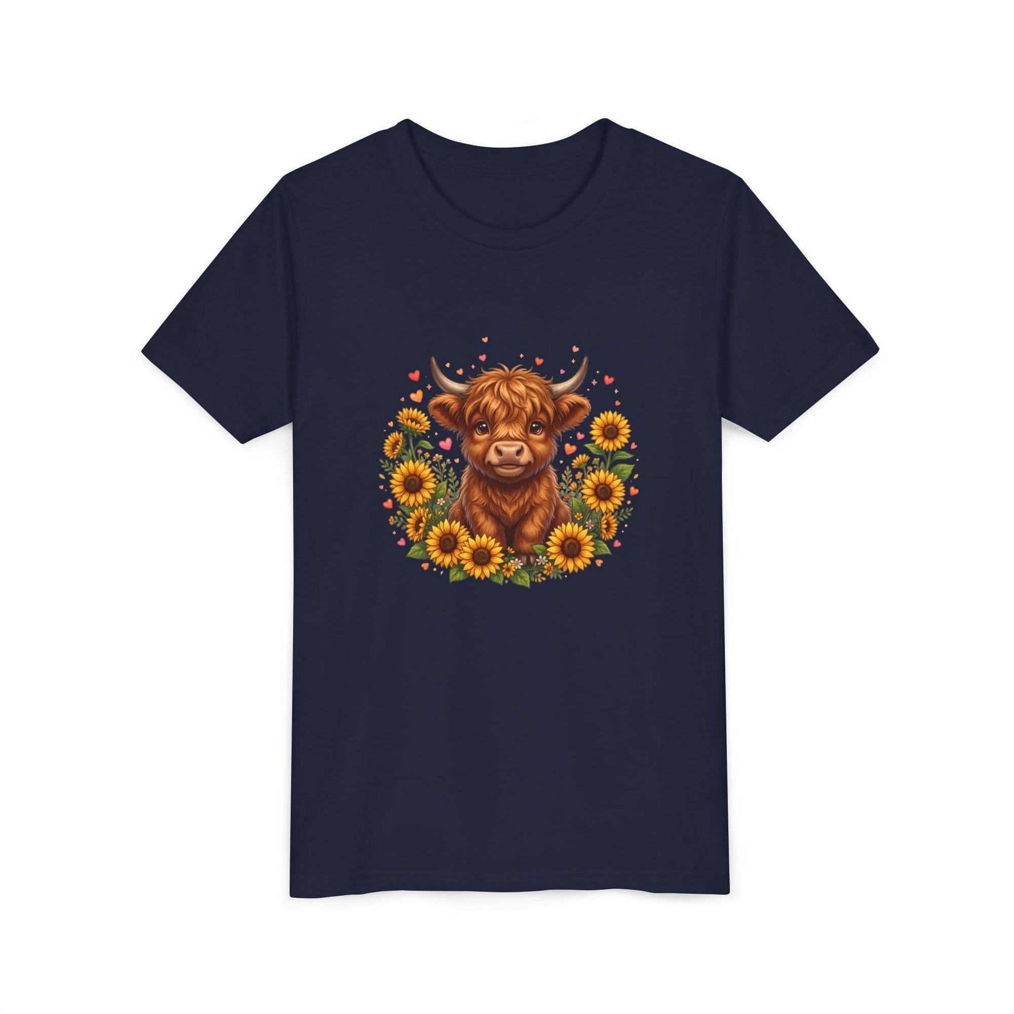 Youth tee featuring a Highland Cow with sunflowers design on soft cotton fabric